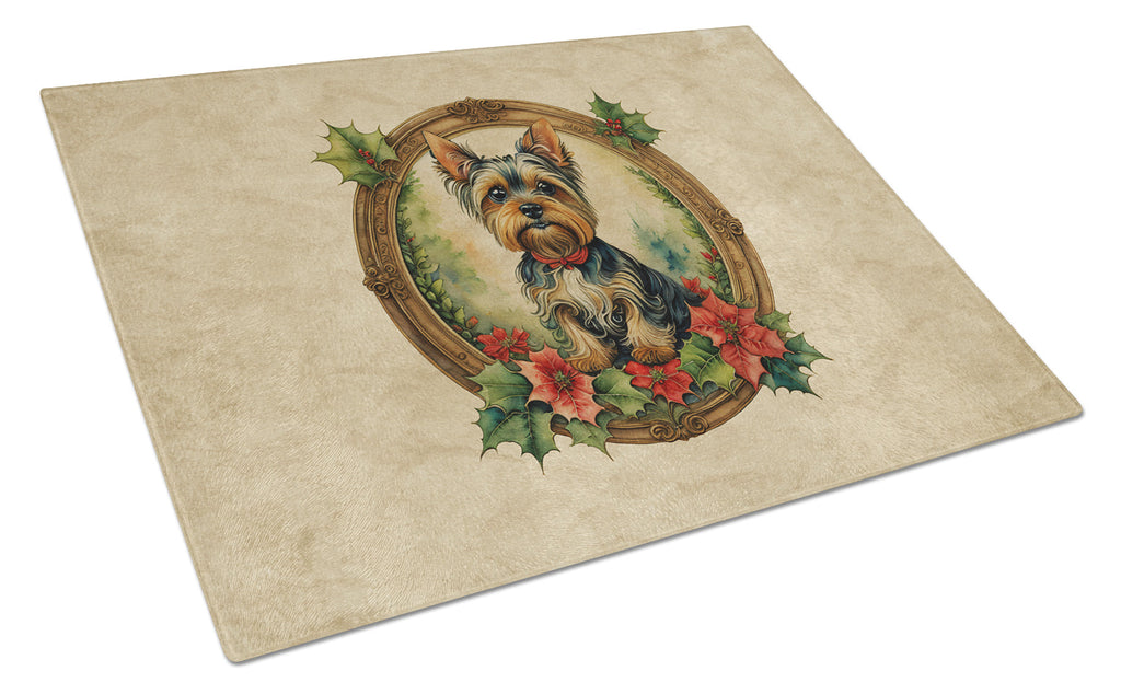 Yorkie Christmas Flowers Cutting Board Tempered Glass Kitchen Cutting Surface, Heat Resistant Chopping, Non-Slip Feet, Food Prep & Serving
