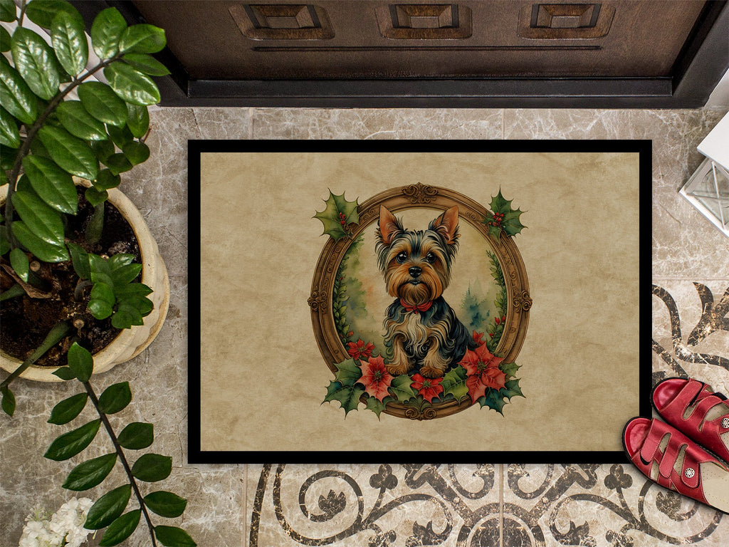 Yorkie Christmas Flowers Doormat Indoor Outdoor 18H X 27W Front Door Mat Rugs for Entryway, Non Slip Washable
