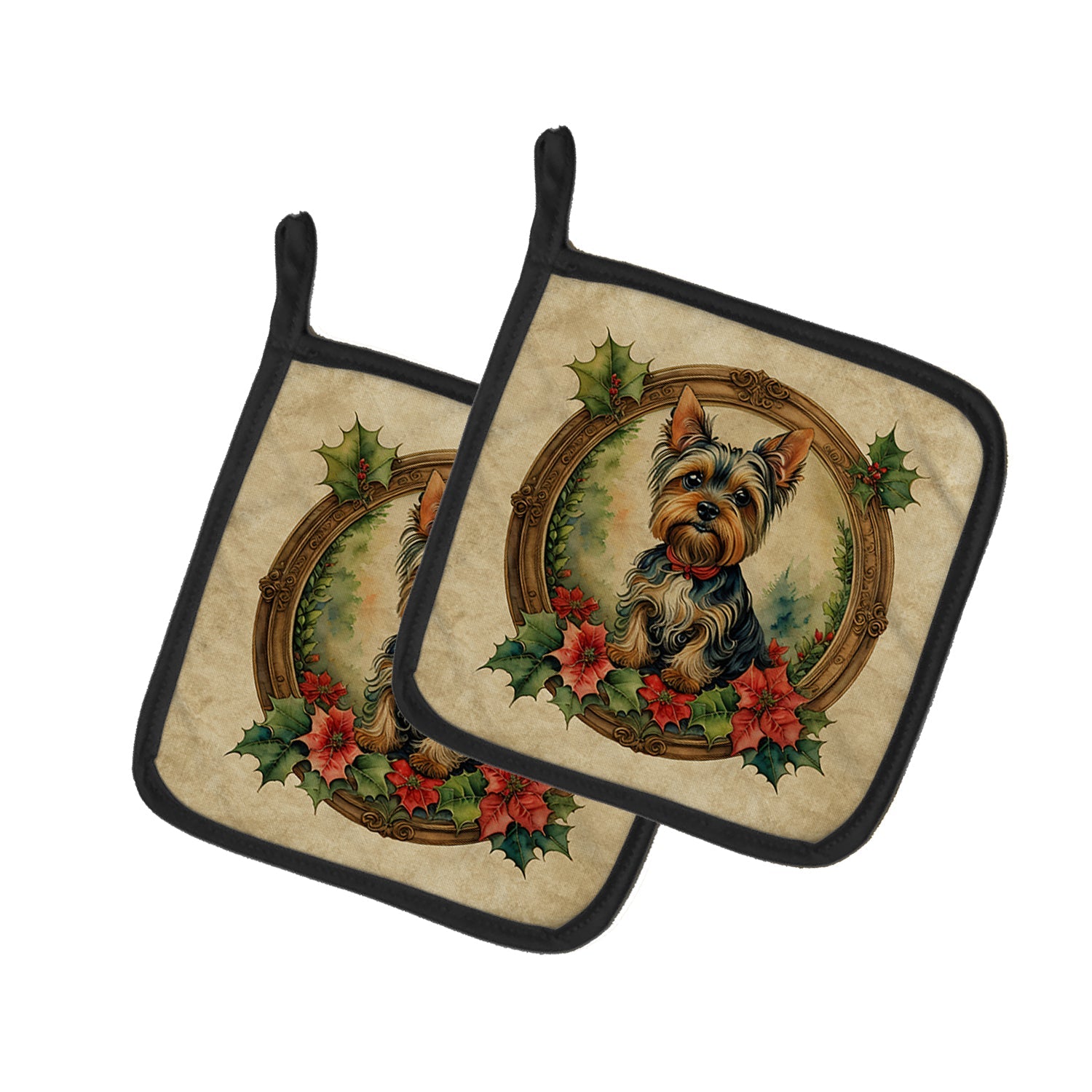 Yorkie Christmas Flowers Pot Holder Set of 2 Heat Resistant Quilted Hot Pads 7.5 x 7.5 Inch, Insulated Kitchen Trivets for Cooking & Baking
