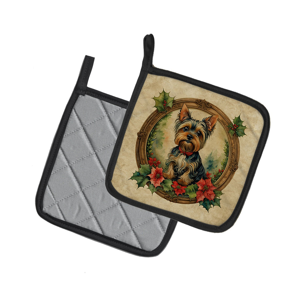 Yorkie Christmas Flowers Pot Holder Set of 2 Heat Resistant Quilted Hot Pads 7.5 x 7.5 Inch, Insulated Kitchen Trivets for Cooking & Baking