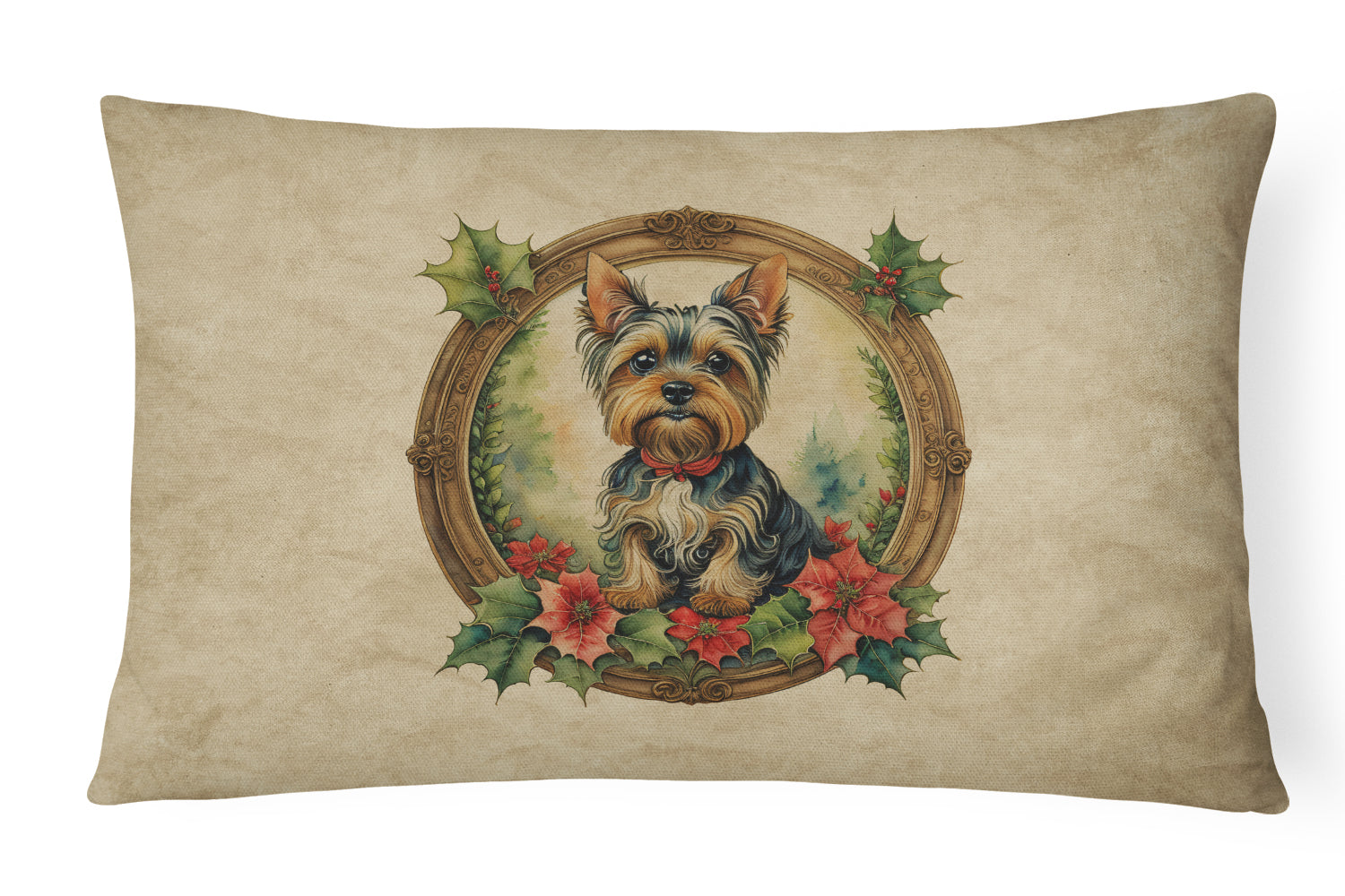 Yorkie Christmas Flowers Decorative Throw Pillow 12x16 Indoor Outdoor Accent Cushion, Fabric Cover with Insert for Sofa, Bed, Porch & Living Room