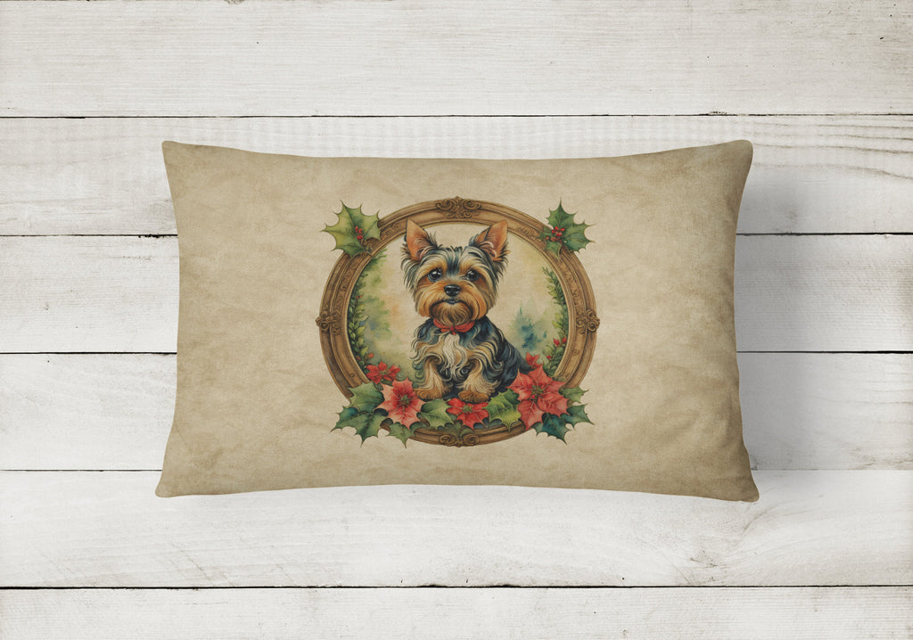 Yorkie Christmas Flowers Decorative Throw Pillow 12x16 Indoor Outdoor Accent Cushion, Fabric Cover with Insert for Sofa, Bed, Porch & Living Room