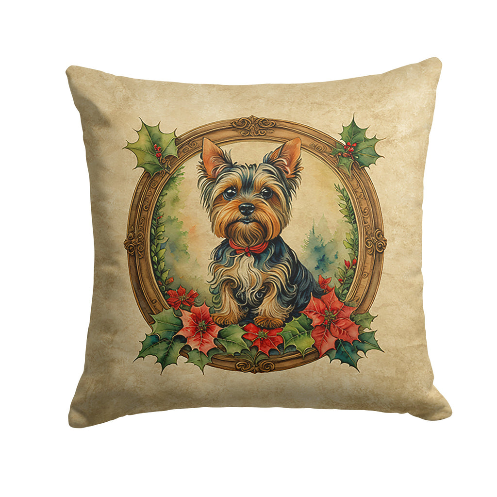 Yorkie Christmas Flowers Decorative Throw Pillow 14x14 Indoor Outdoor Accent Cushion, Fabric Cover with Insert for Sofa, Bed, Porch & Living Room