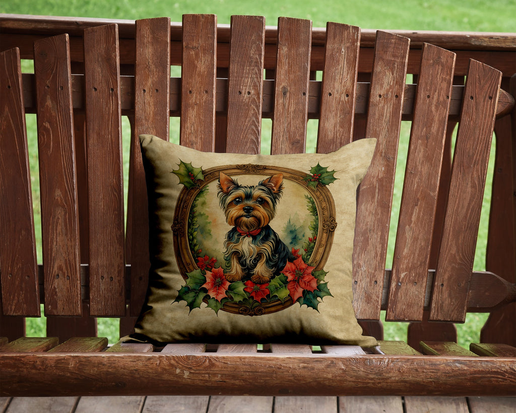 Yorkie Christmas Flowers Decorative Throw Pillow 14x14 Indoor Outdoor Accent Cushion, Fabric Cover with Insert for Sofa, Bed, Porch & Living Room