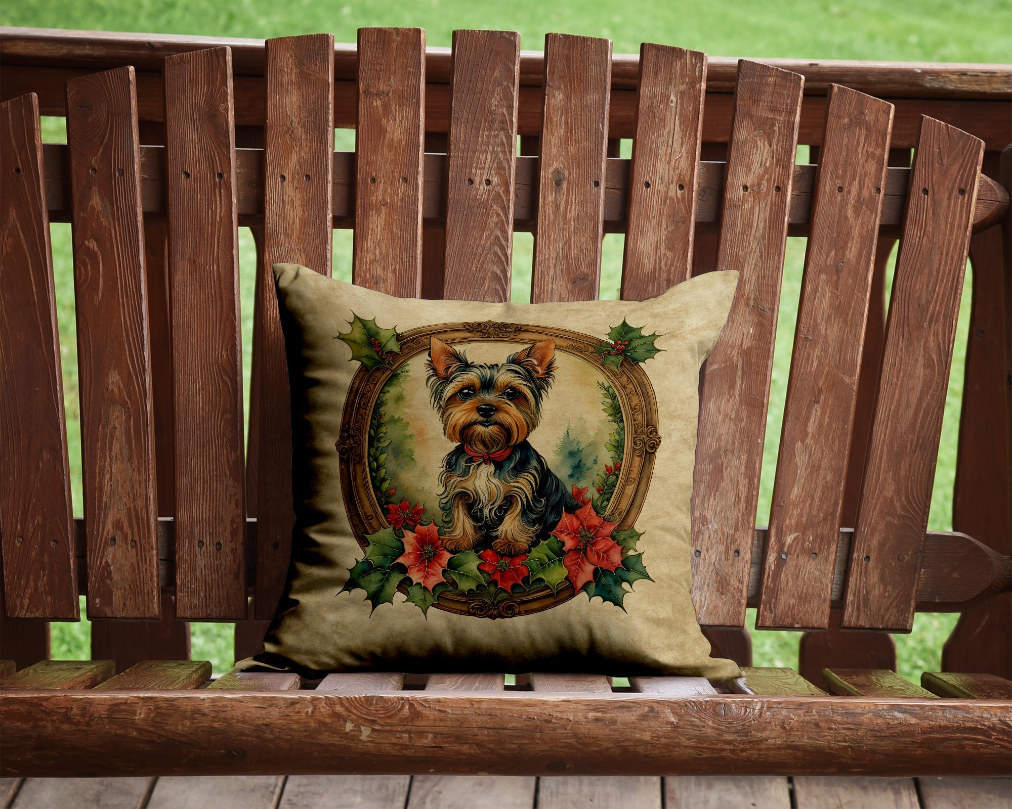 Yorkie Christmas Flowers Decorative Throw Pillow 14x14 Indoor Outdoor Accent Cushion, Fabric Cover with Insert for Sofa, Bed, Porch & Living Room