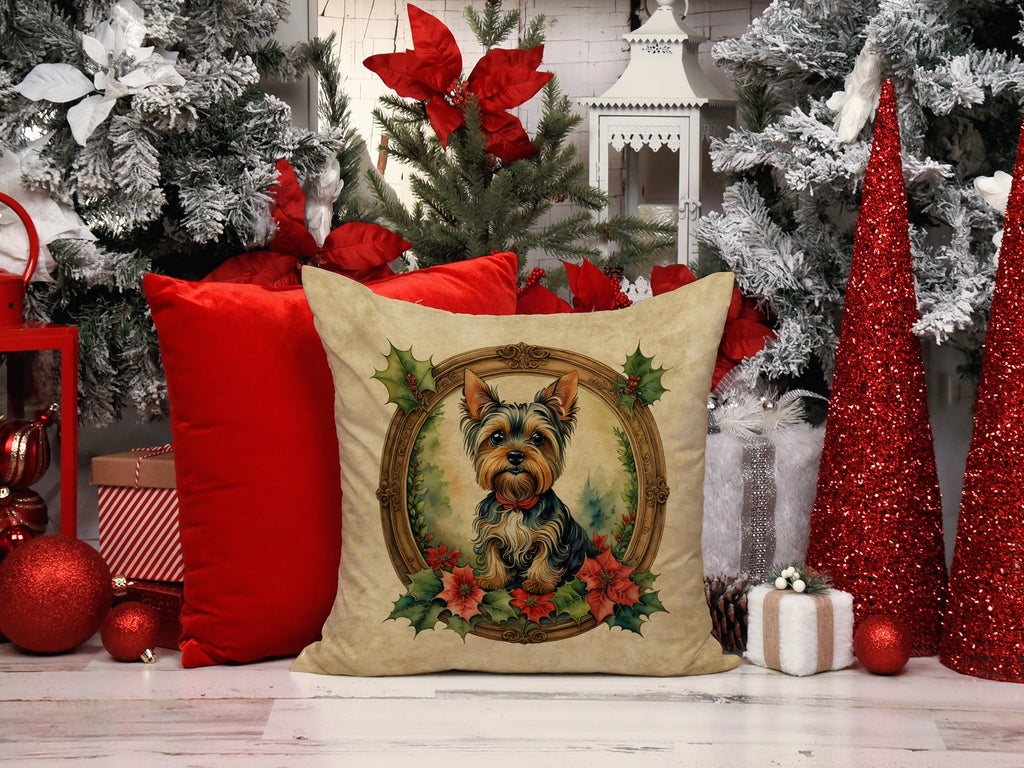 Yorkie Christmas Flowers Decorative Throw Pillow 18x18 Indoor Outdoor Accent Cushion, Fabric Cover with Insert for Sofa, Bed, Porch & Living Room
