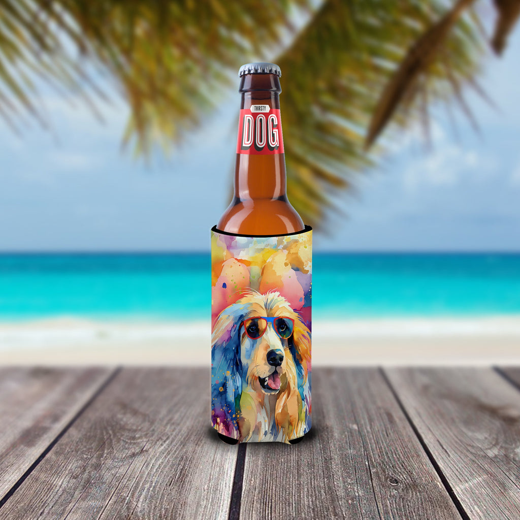 Afghan Hound Hippie Dawg Slim Can Hugger , Insulated Foam Hugger for 12 oz Slim Cans, Beer Bottles & Water Bottles, Printed in USA