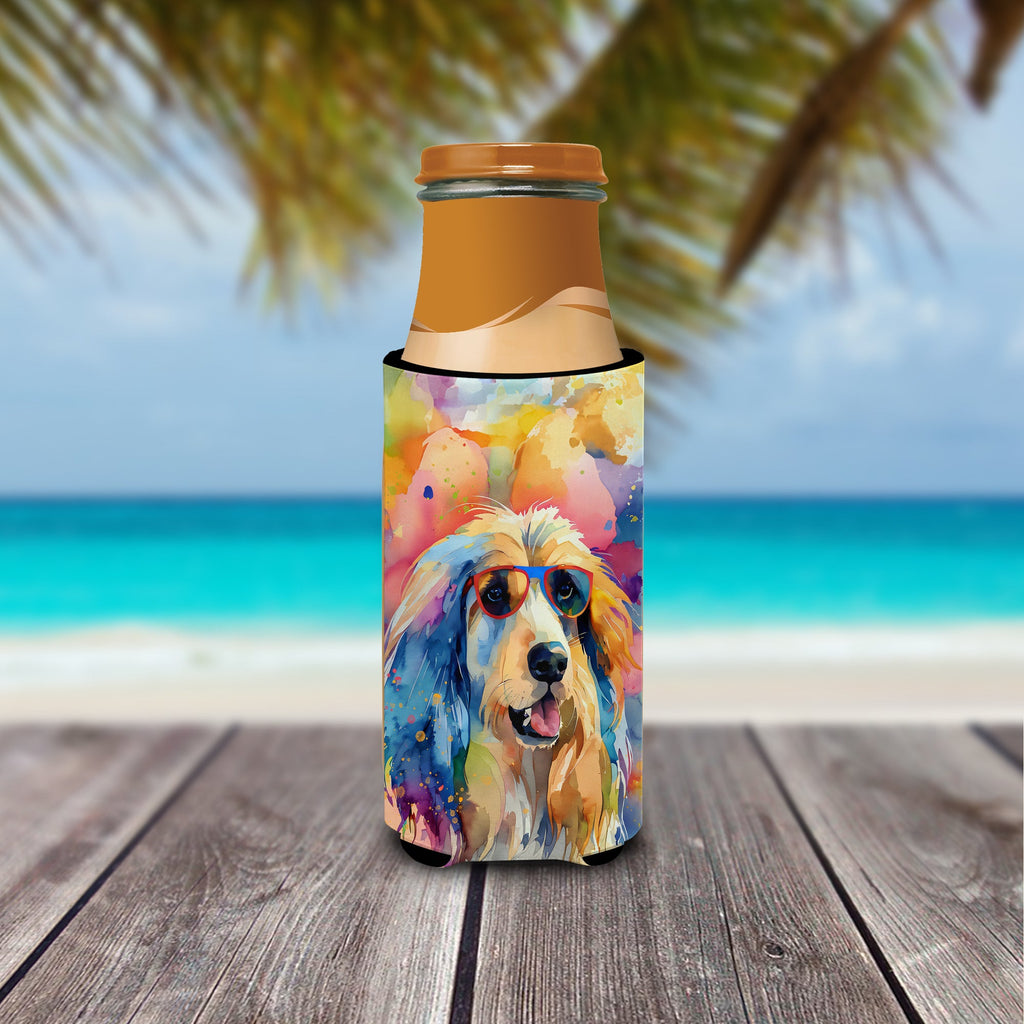 Afghan Hound Hippie Dawg Slim Can Hugger , Insulated Foam Hugger for 12 oz Slim Cans, Beer Bottles & Water Bottles, Printed in USA