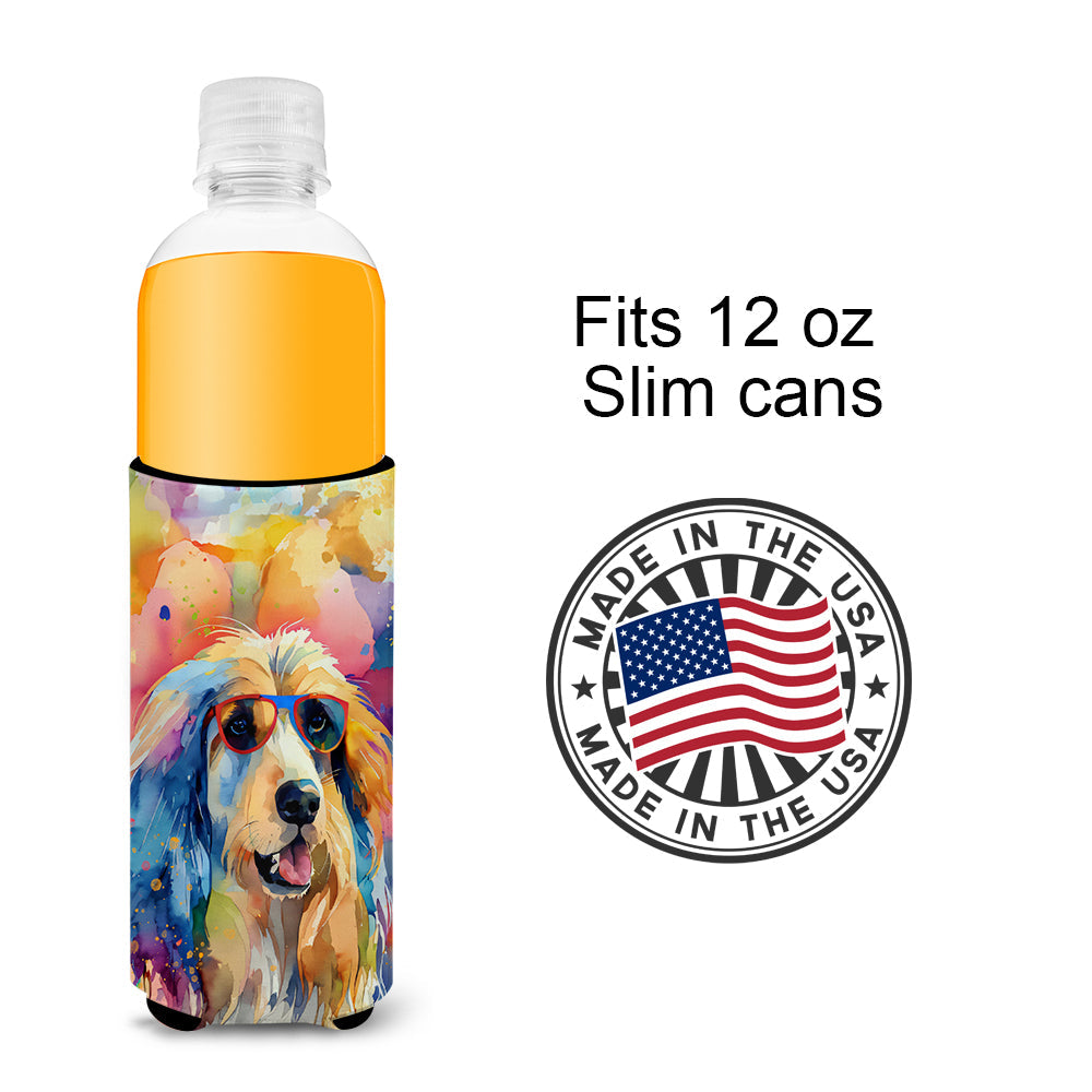 Afghan Hound Hippie Dawg Slim Can Hugger , Insulated Foam Hugger for 12 oz Slim Cans, Beer Bottles & Water Bottles, Printed in USA