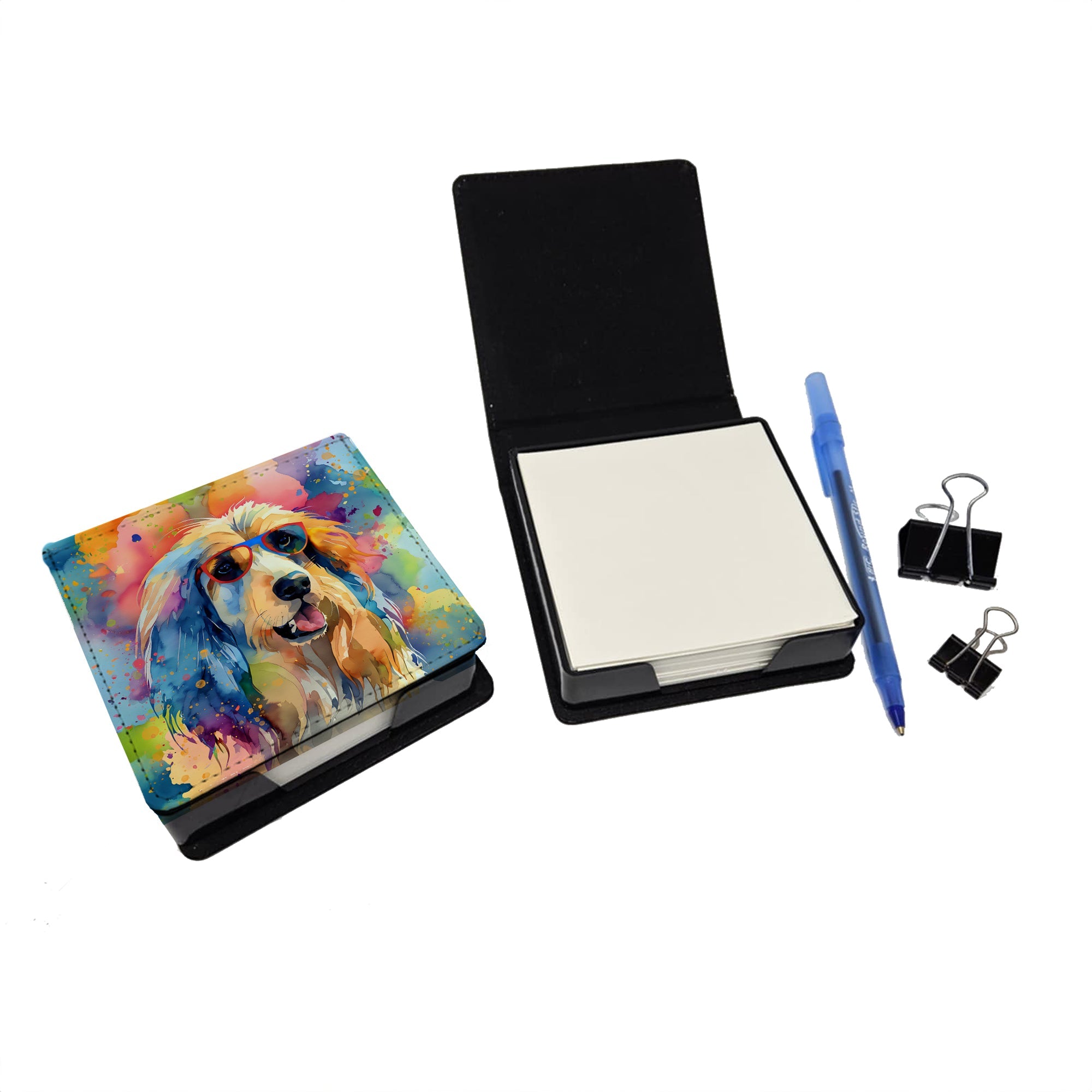 Afghan Hound Hippie Dawg PU Leather Note Paper Holder with Artist-Designed Cover, Desk Accessory, Office Gift