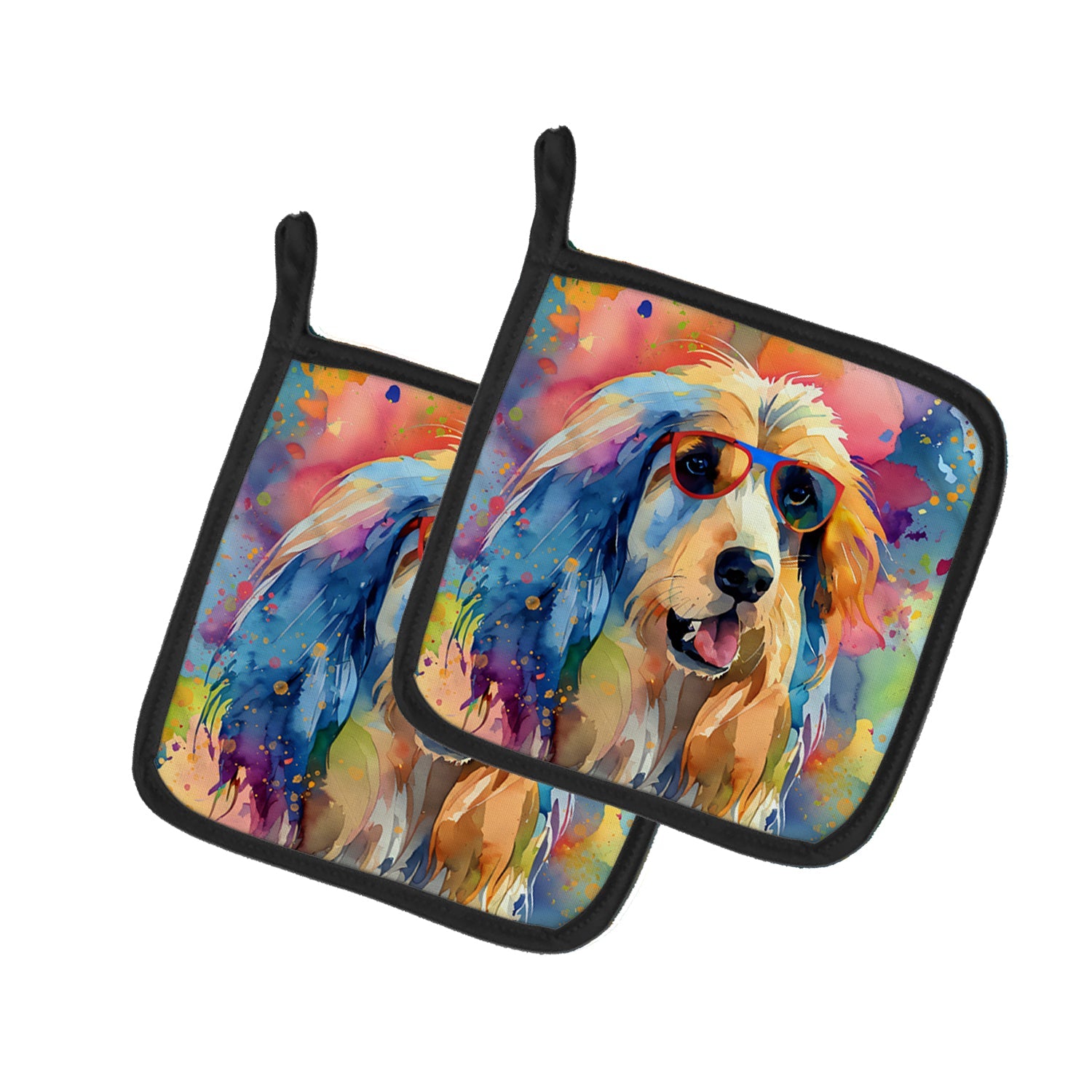 Afghan Hound Hippie Dawg Pot Holder Set of 2 Heat Resistant Quilted Hot Pads 7.5 x 7.5 Inch, Insulated Kitchen Trivets for Cooking & Baking