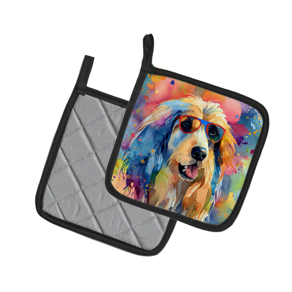 Afghan Hound Hippie Dawg Pot Holder Set of 2 Heat Resistant Quilted Hot Pads 7.5 x 7.5 Inch, Insulated Kitchen Trivets for Cooking & Baking