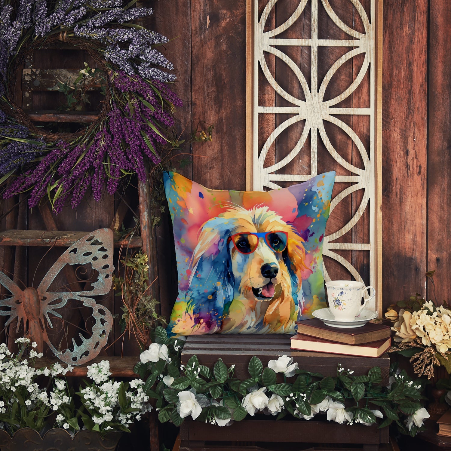 Afghan Hound Hippie Dawg Decorative Throw Pillow 14x14 Indoor Outdoor Accent Cushion, Fabric Cover with Insert for Sofa, Bed, Porch & Living Room