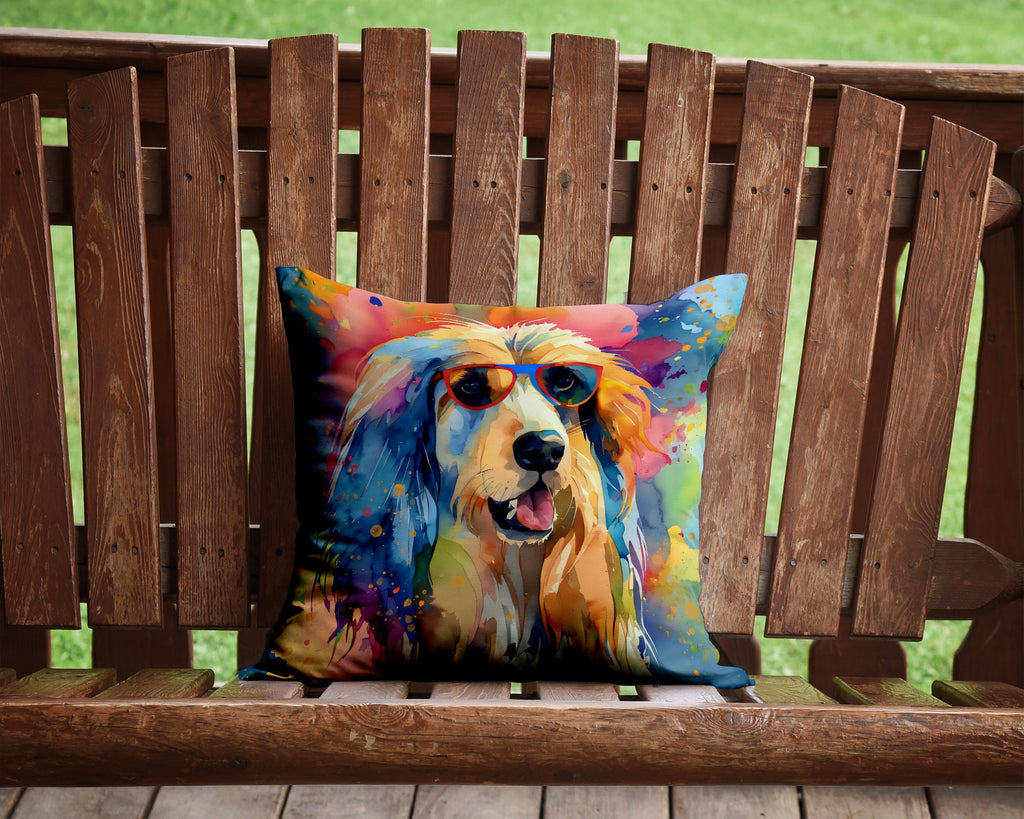Afghan Hound Hippie Dawg Decorative Throw Pillow 14x14 Indoor Outdoor Accent Cushion, Fabric Cover with Insert for Sofa, Bed, Porch & Living Room