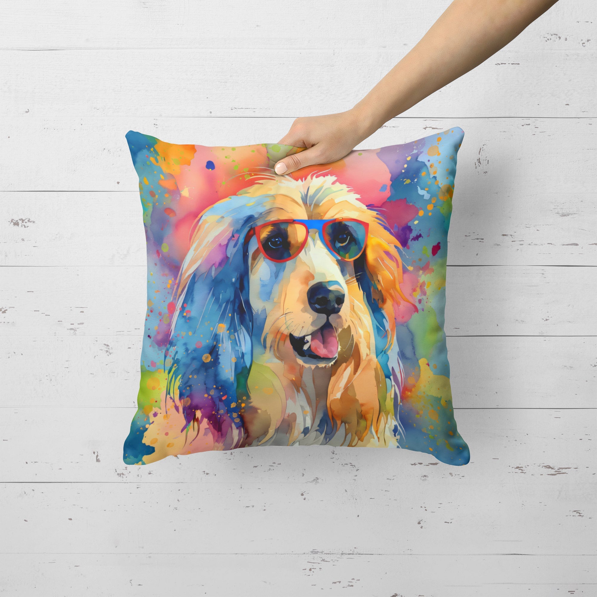 Afghan Hound Hippie Dawg Decorative Throw Pillow 18x18 Indoor Outdoor Accent Cushion, Fabric Cover with Insert for Sofa, Bed, Porch & Living Room