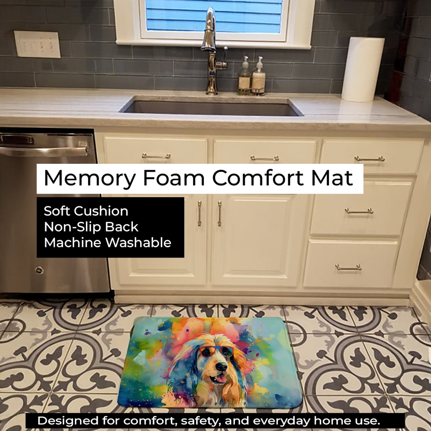 Afghan Hound Hippie Dawg Memory Foam Kitchen Mat Machine Washable Anti-Fatigue Cushion Comfort Bath or Kitchen Rug