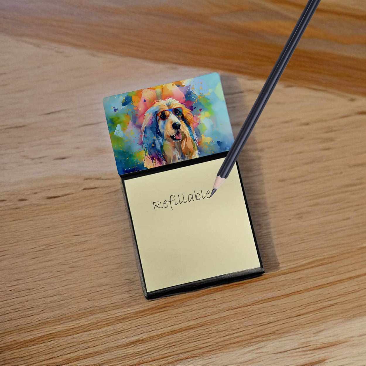 Afghan Hound Hippie Dawg Watercolor Sticky Note Holder Refillable Dispenser Desk Accessory 3x3 Pad Gift