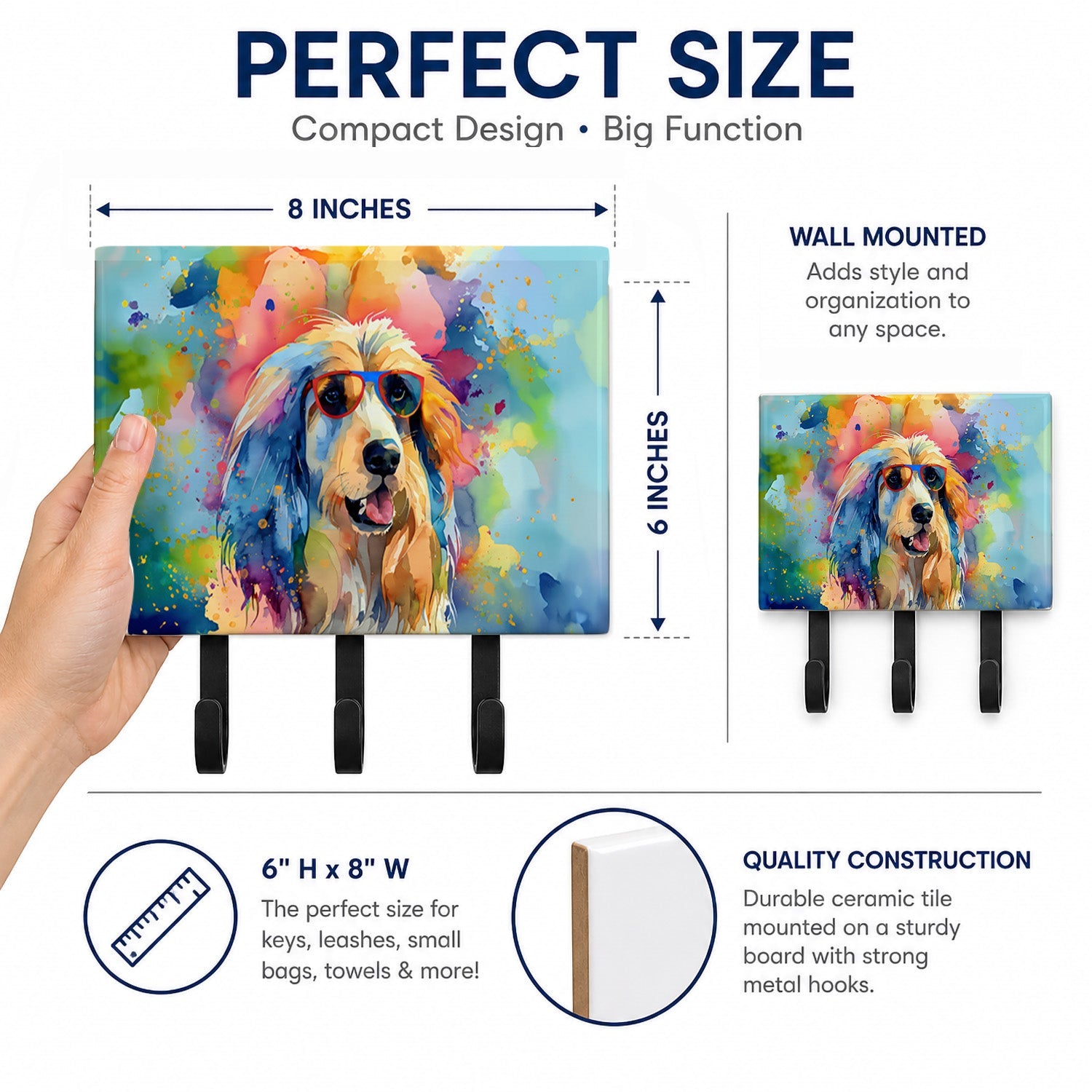 Afghan Hound Hippie Dawg Leash or Key Holder Wall Hooks, Coat Rack Wall Mount, for Hanging Keys, Towels, Aprons, Leashes