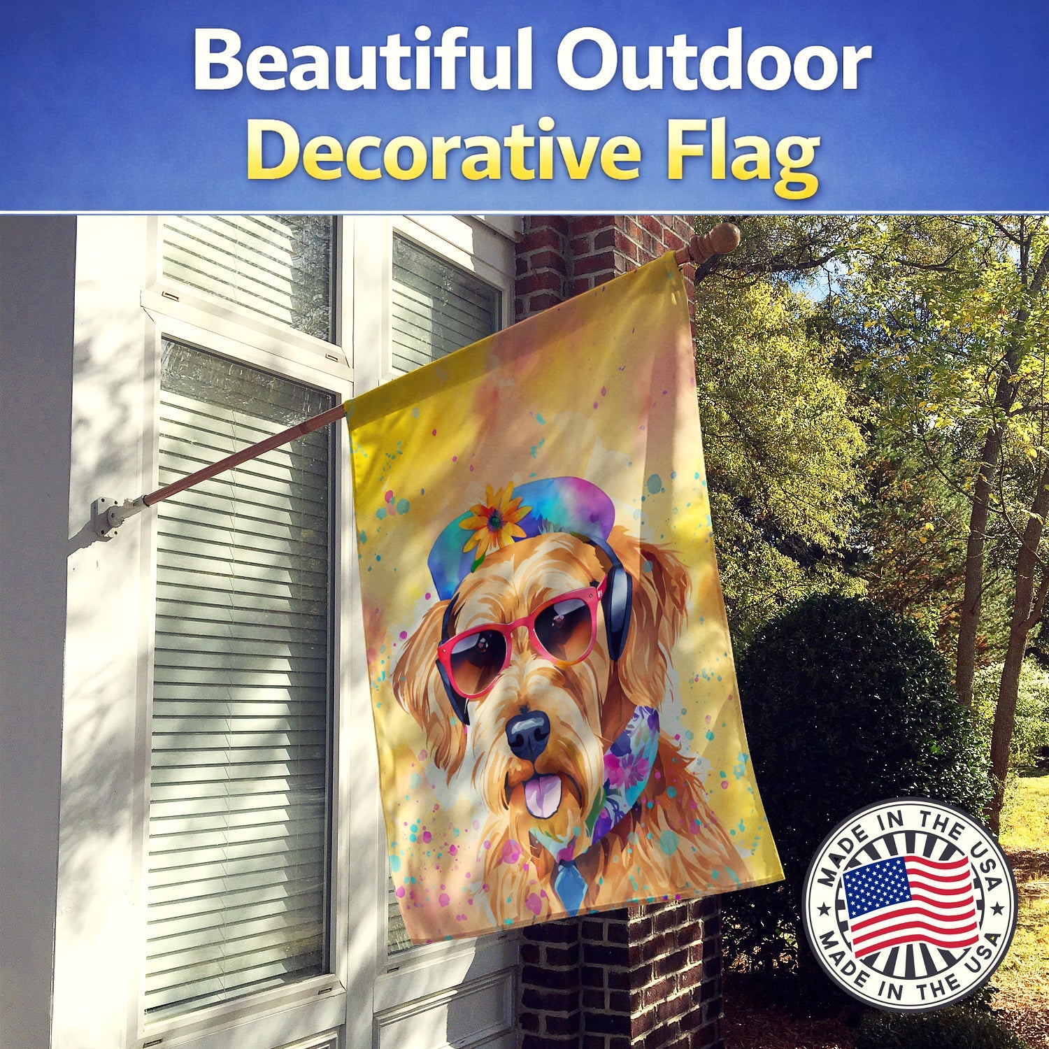 Airedale Terrier Hippie Dawg House Flag 28x40 Porch Sleeve Pole Decorative Outside Yard Banner Artwork Wall Hanging, Polyester