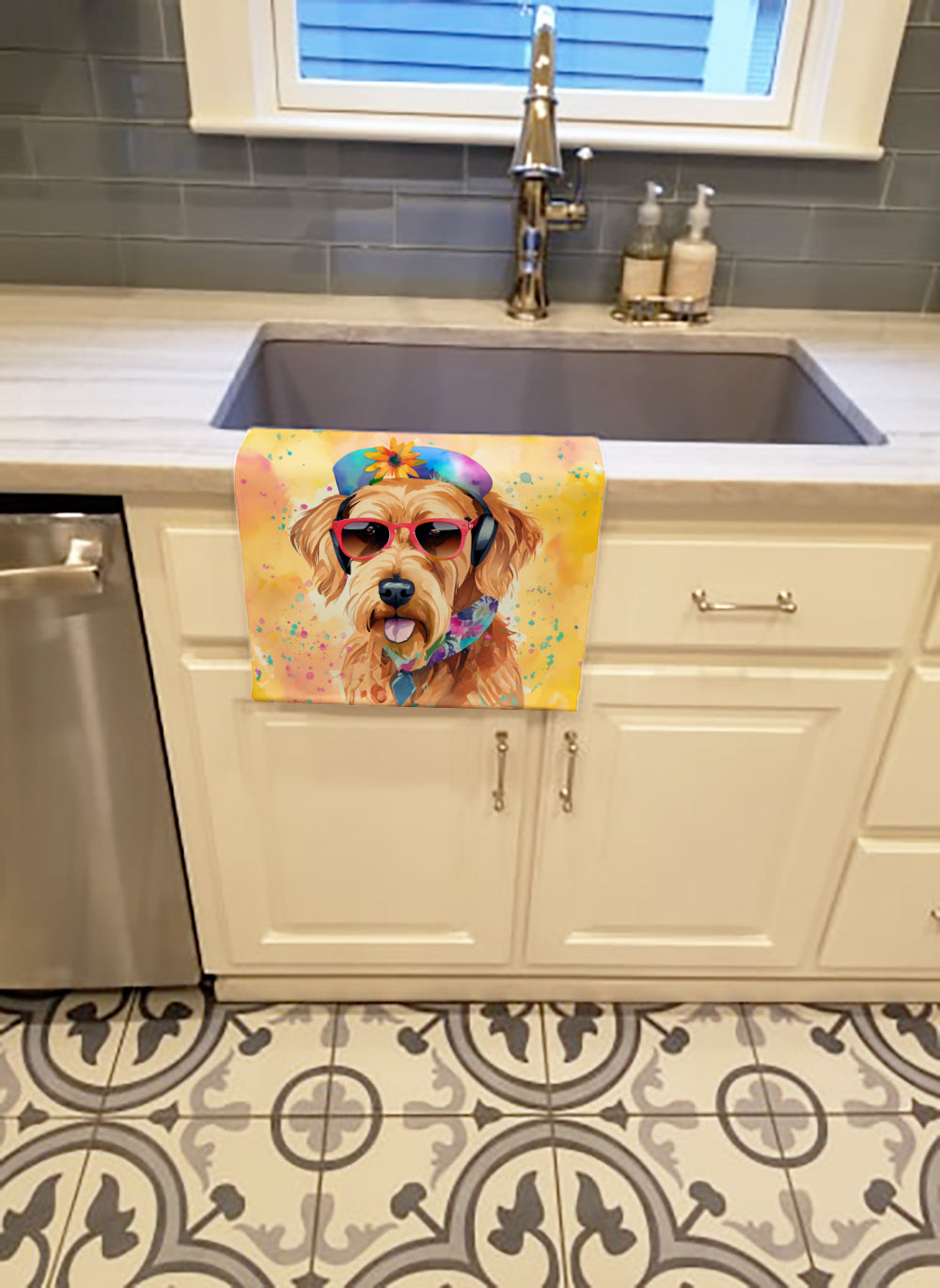 Airedale Terrier Hippie Dawg Kitchen Towel Velour Plush Front and Cotton Loop Back Machine Washable