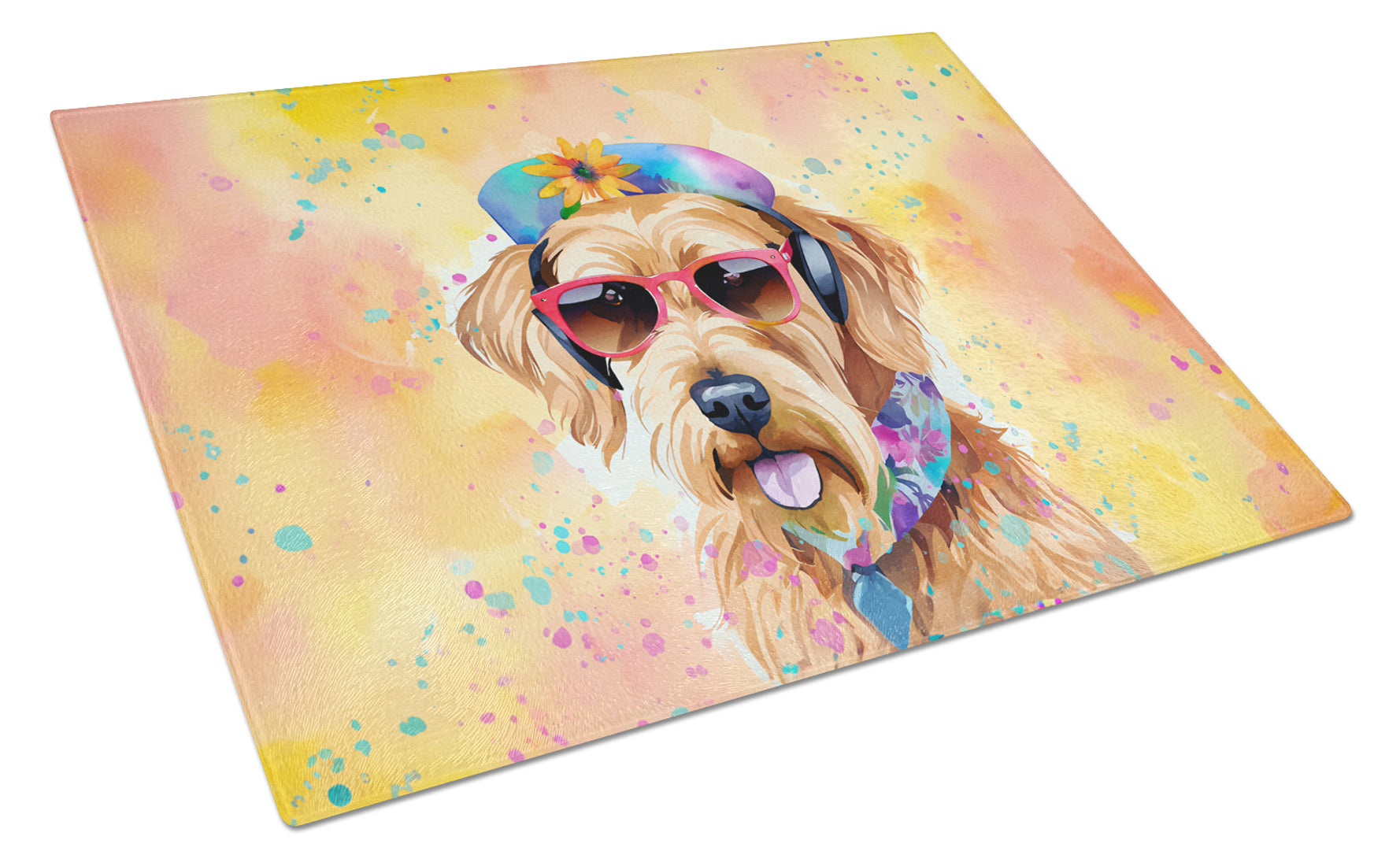 Airedale Terrier Hippie Dawg Cutting Board Tempered Glass Kitchen Cutting Surface, Heat Resistant Chopping, Non-Slip Feet, Food Prep & Serving