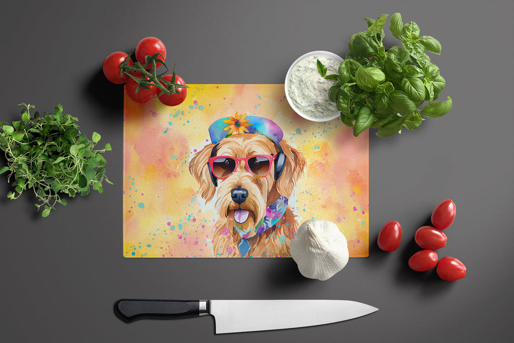 Airedale Terrier Hippie Dawg Cutting Board Tempered Glass Kitchen Cutting Surface, Heat Resistant Chopping, Non-Slip Feet, Food Prep & Serving