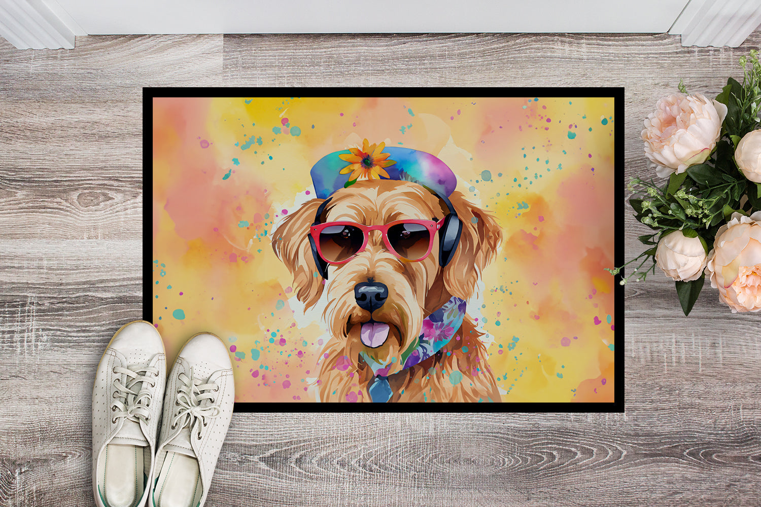 Airedale Terrier Hippie Dawg Doormat Indoor Outdoor 18H X 27W Front Door Mat Rugs for Entryway, Non Slip Washable