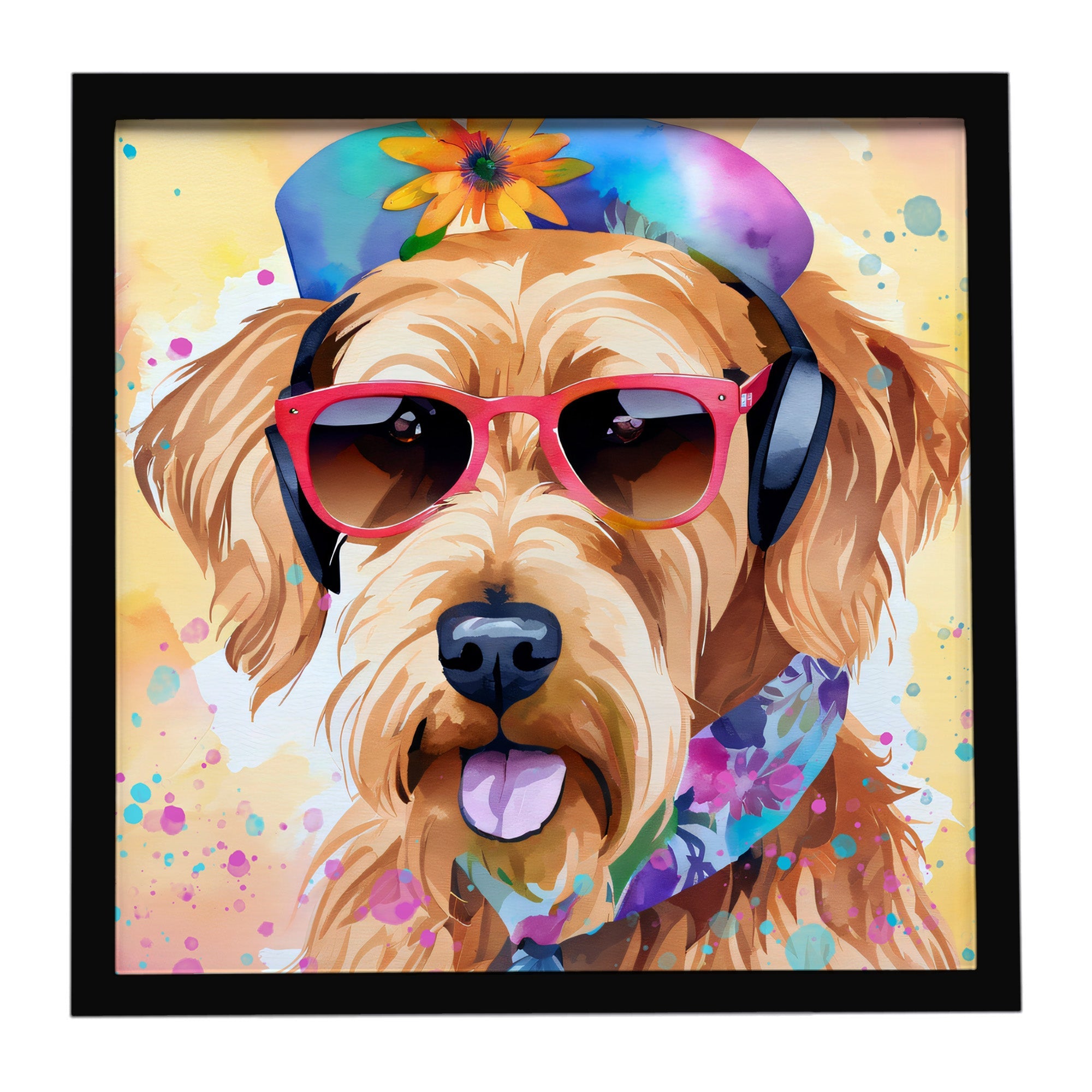Airedale Terrier Hippie Dawg Framed Metal Print Bathroom, Kitchen, Office, Home Decor Wall Art Ready to Hang, Square, 8X8