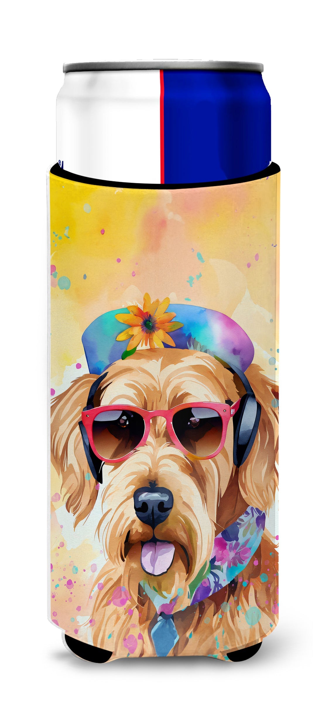 Airedale Terrier Hippie Dawg Slim Can Hugger , Insulated Foam Hugger for 12 oz Slim Cans, Beer Bottles & Water Bottles, Printed in USA