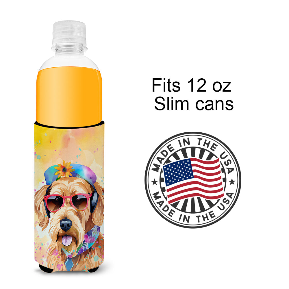 Airedale Terrier Hippie Dawg Slim Can Hugger , Insulated Foam Hugger for 12 oz Slim Cans, Beer Bottles & Water Bottles, Printed in USA