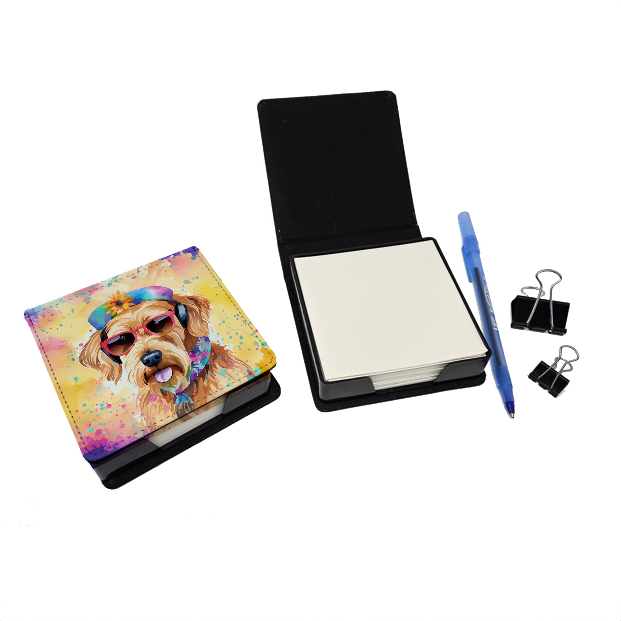 Airedale Terrier Hippie Dawg PU Leather Note Paper Holder with Artist-Designed Cover, Desk Accessory, Office Gift