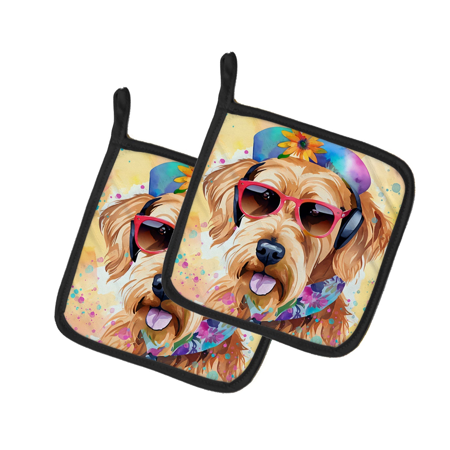 Airedale Terrier Hippie Dawg Pot Holder Set of 2 Heat Resistant Quilted Hot Pads 7.5 x 7.5 Inch, Insulated Kitchen Trivets for Cooking & Baking