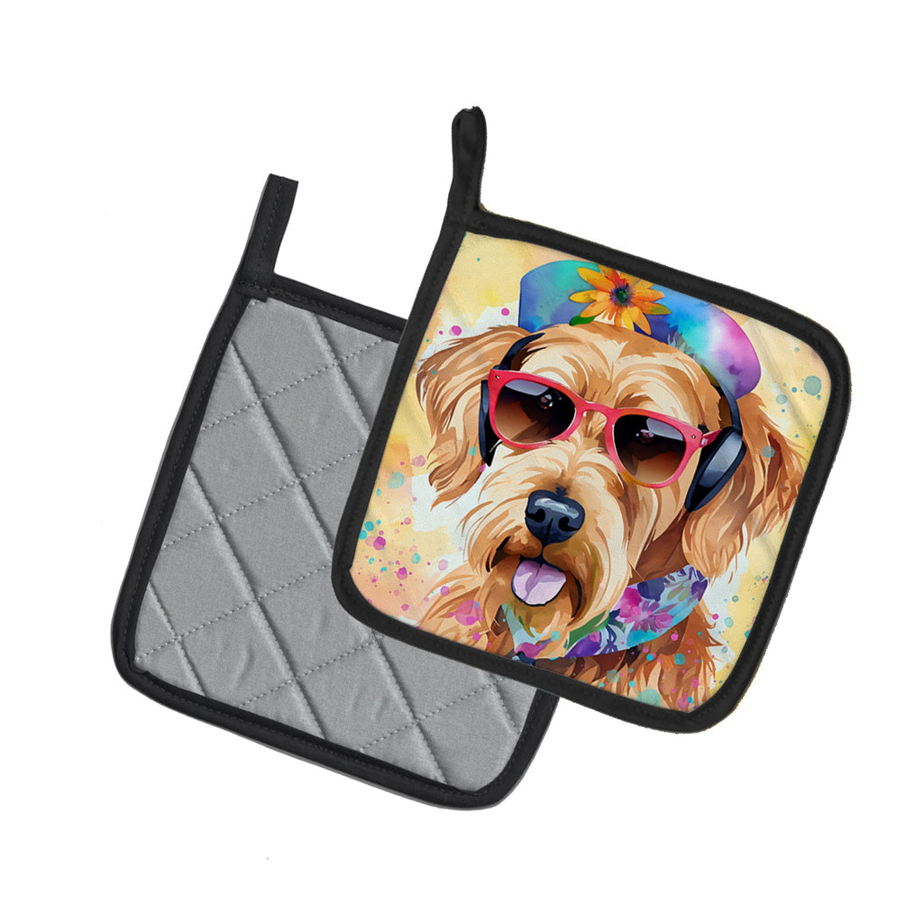 Airedale Terrier Hippie Dawg Pot Holder Set of 2 Heat Resistant Quilted Hot Pads 7.5 x 7.5 Inch, Insulated Kitchen Trivets for Cooking & Baking