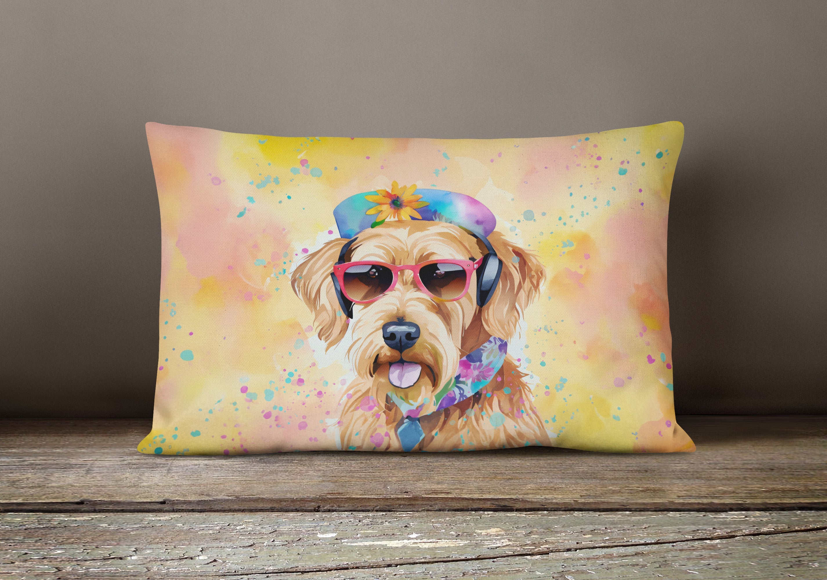 Airedale Terrier Hippie Dawg Decorative Throw Pillow 12x16 Indoor Outdoor Accent Cushion, Fabric Cover with Insert for Sofa, Bed, Porch & Living Room