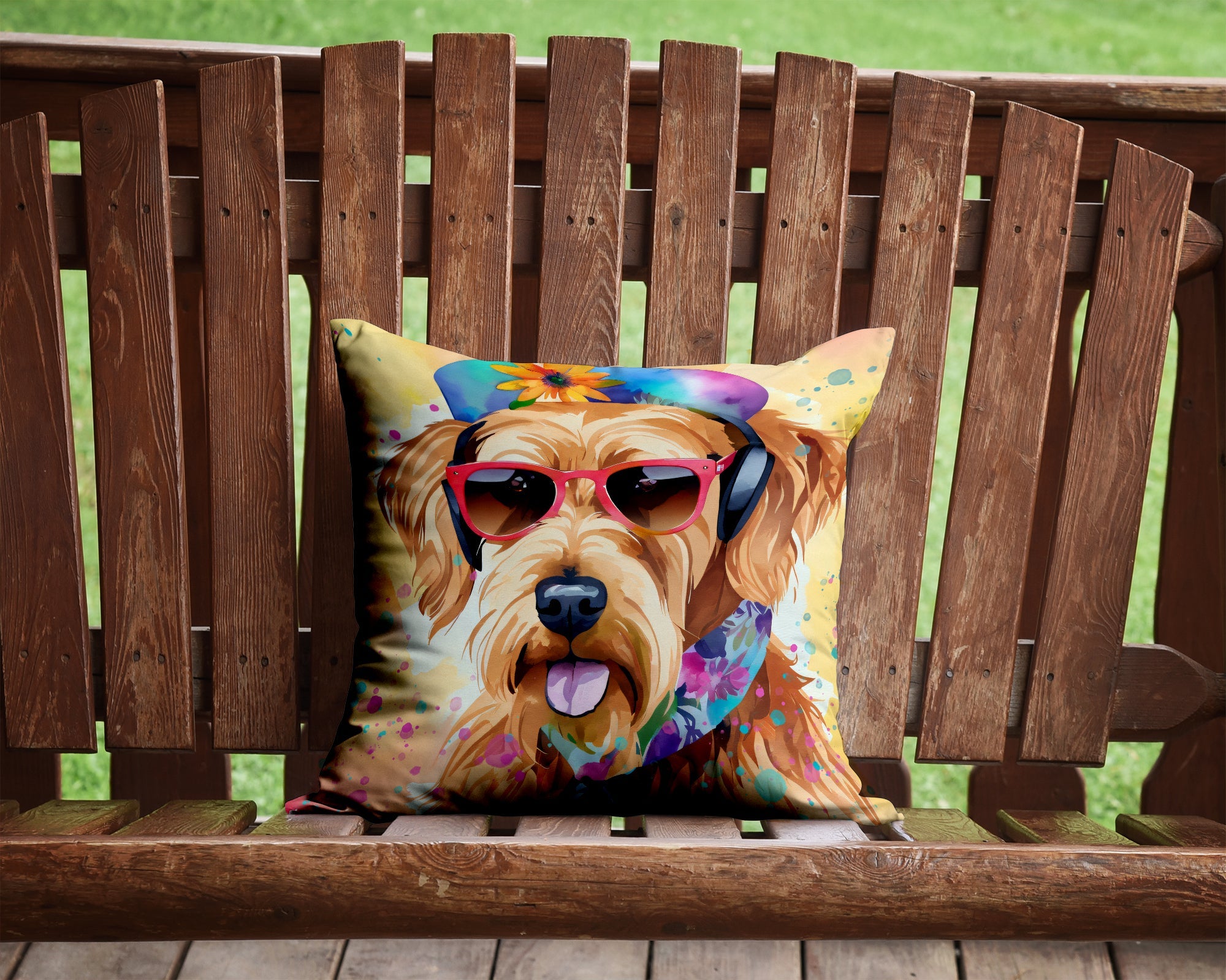 Airedale Terrier Hippie Dawg Decorative Throw Pillow 14x14 Indoor Outdoor Accent Cushion, Fabric Cover with Insert for Sofa, Bed, Porch & Living Room