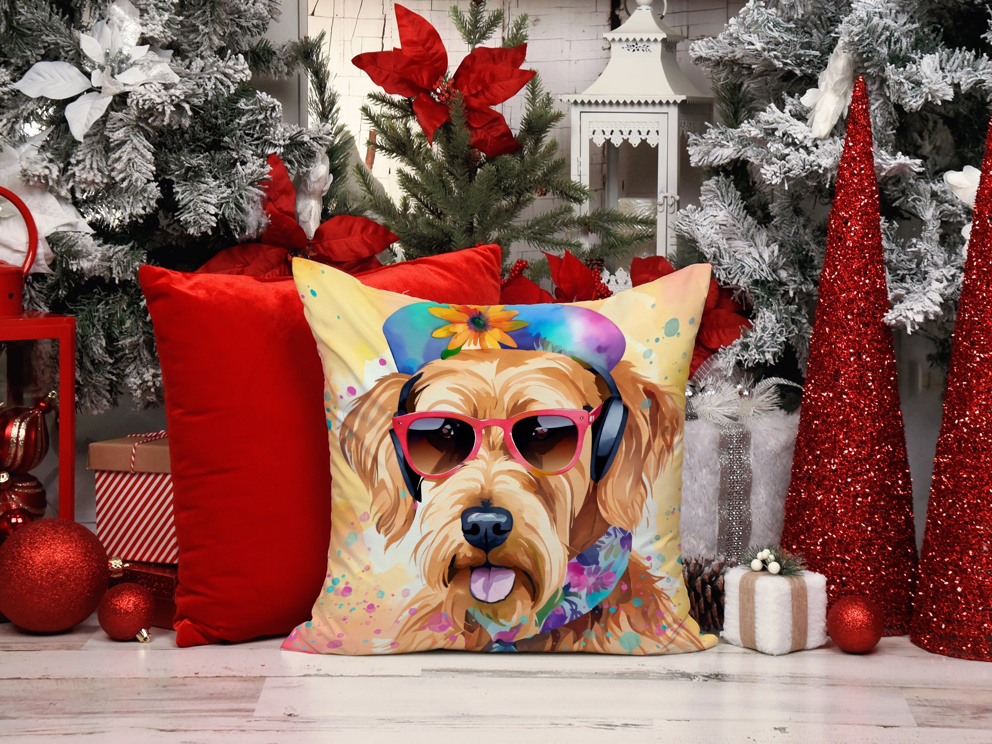 Airedale Terrier Hippie Dawg Decorative Throw Pillow 18x18 Indoor Outdoor Accent Cushion, Fabric Cover with Insert for Sofa, Bed, Porch & Living Room