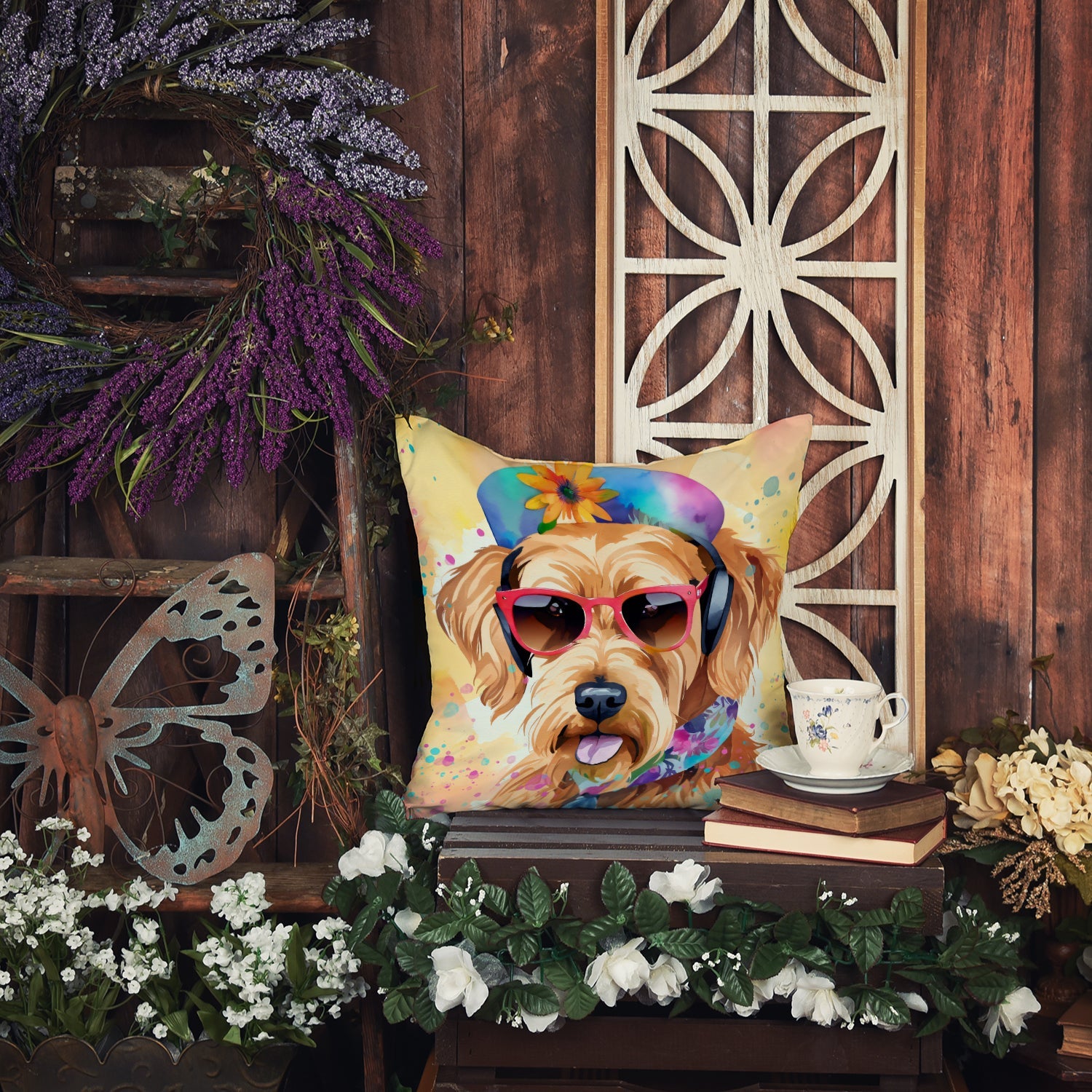 Airedale Terrier Hippie Dawg Decorative Throw Pillow 18x18 Indoor Outdoor Accent Cushion, Fabric Cover with Insert for Sofa, Bed, Porch & Living Room