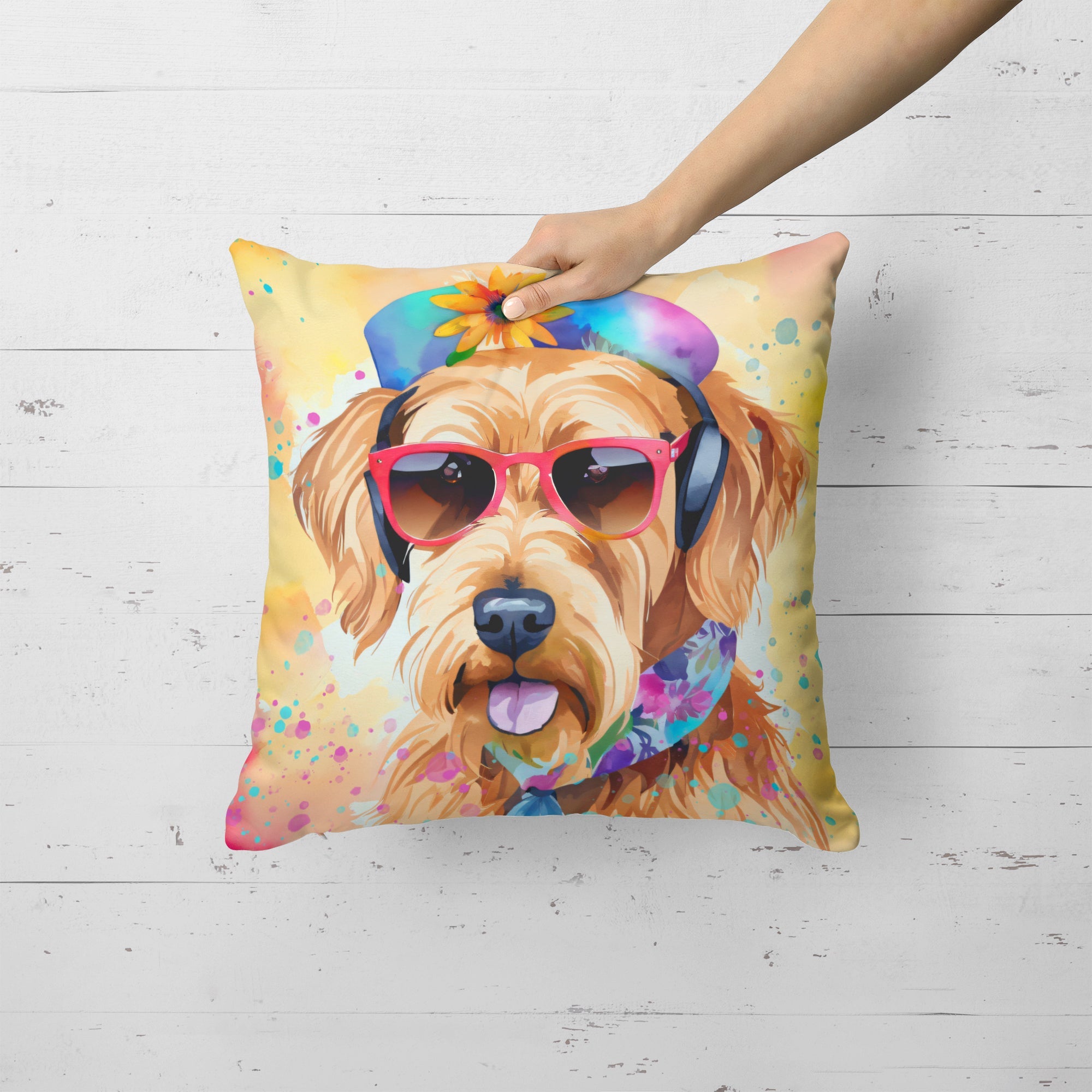 Airedale Terrier Hippie Dawg Decorative Throw Pillow 18x18 Indoor Outdoor Accent Cushion, Fabric Cover with Insert for Sofa, Bed, Porch & Living Room