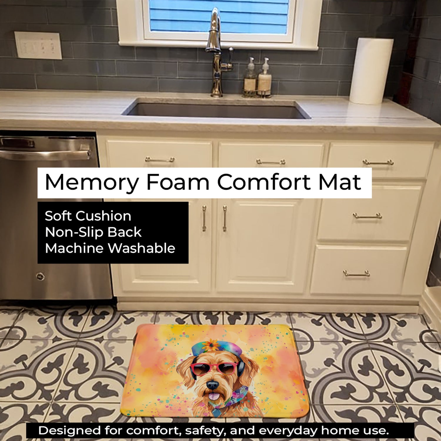 Airedale Terrier Hippie Dawg Memory Foam Kitchen Mat Machine Washable Anti-Fatigue Cushion Comfort Bath or Kitchen Rug