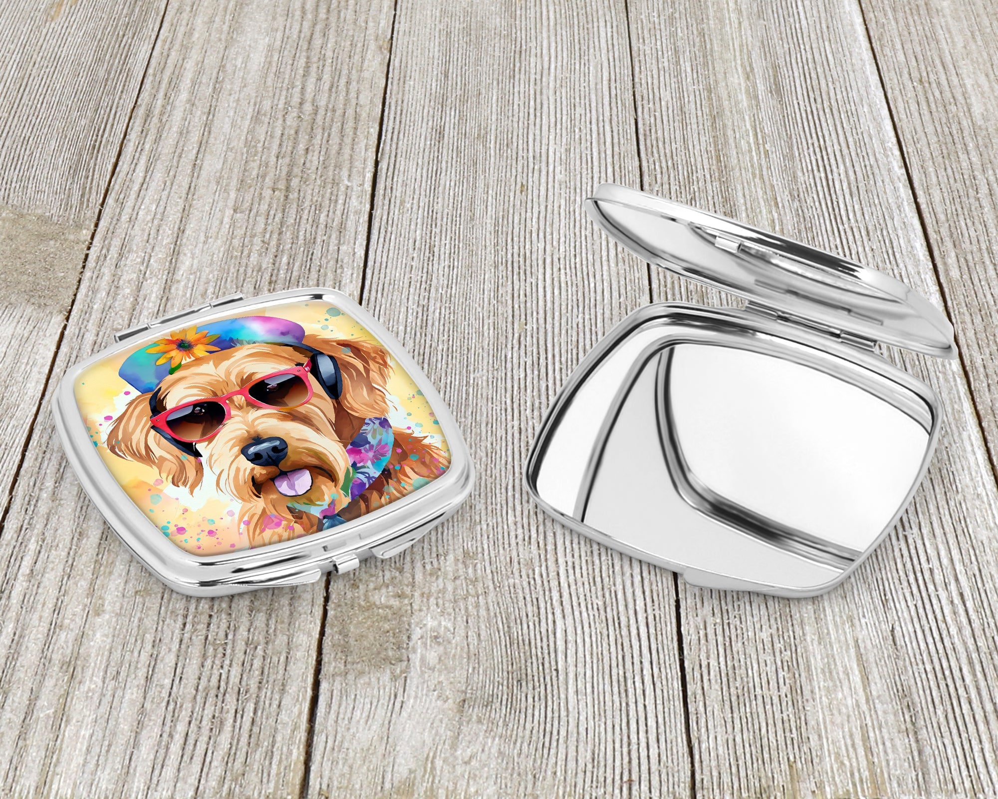 Airedale Terrier Hippie Dawg Compact Mirror Decorative Travel Makeup Mirror for Women Girls Gifts Pocket Makeup Mirror Folding Handheld