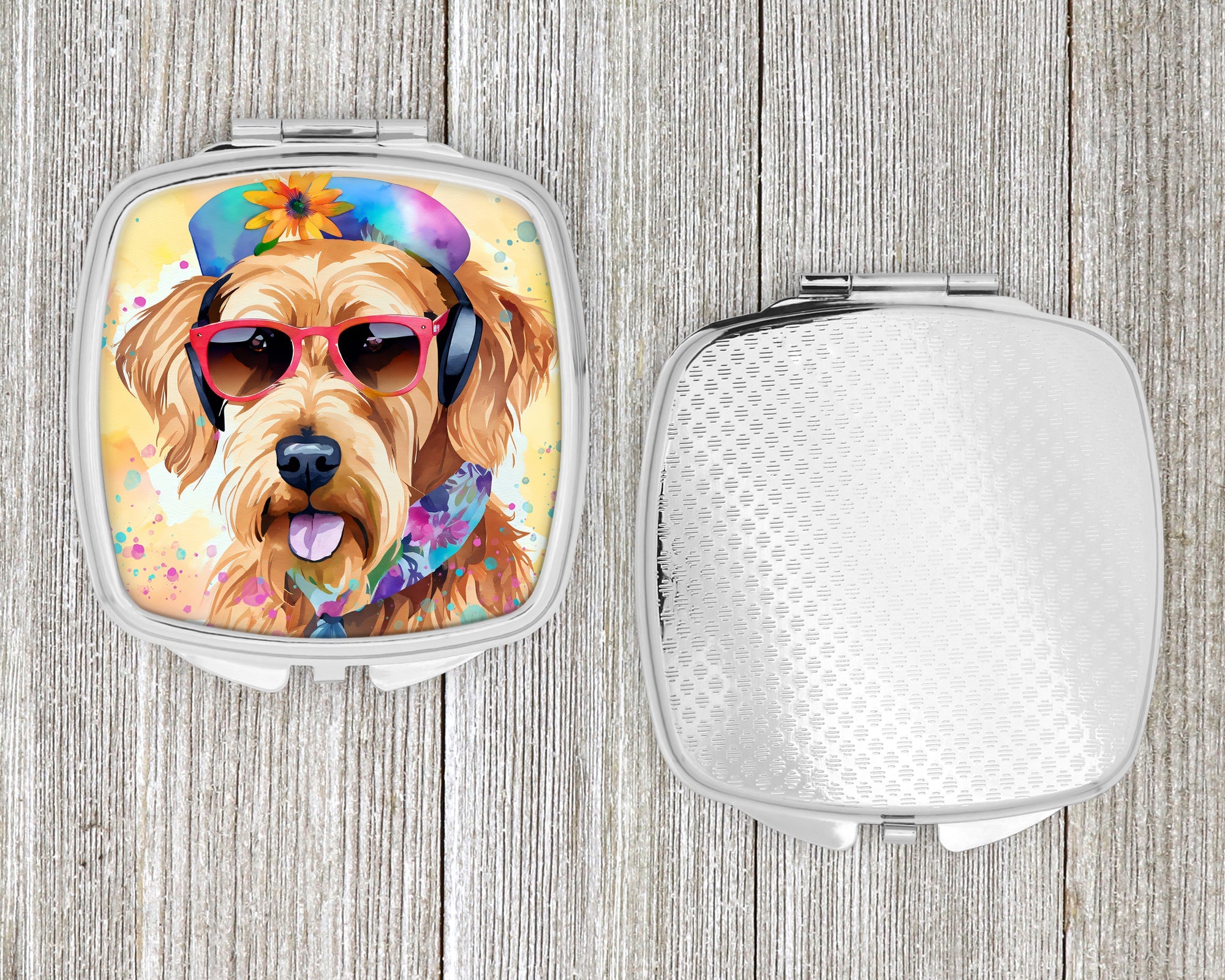 Airedale Terrier Hippie Dawg Compact Mirror Decorative Travel Makeup Mirror for Women Girls Gifts Pocket Makeup Mirror Folding Handheld