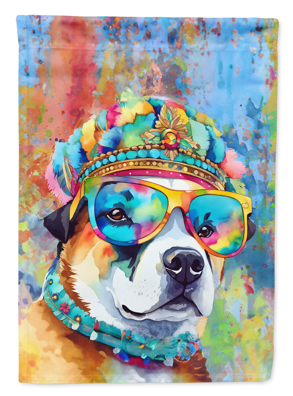 Akita Hippie Dawg House Flag 28x40 Porch Sleeve Pole Decorative Outside Yard Banner Artwork Wall Hanging, Polyester