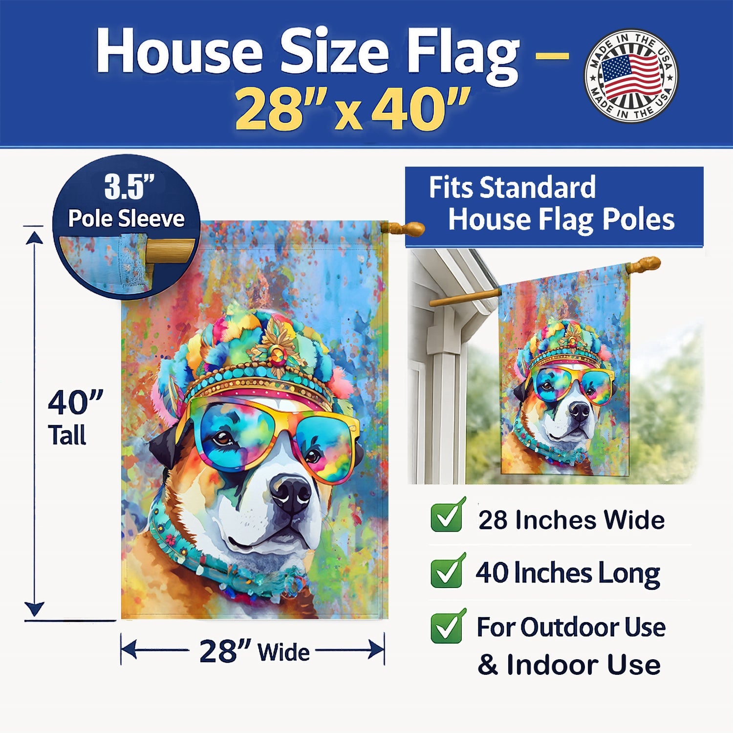 Akita Hippie Dawg House Flag 28x40 Porch Sleeve Pole Decorative Outside Yard Banner Artwork Wall Hanging, Polyester