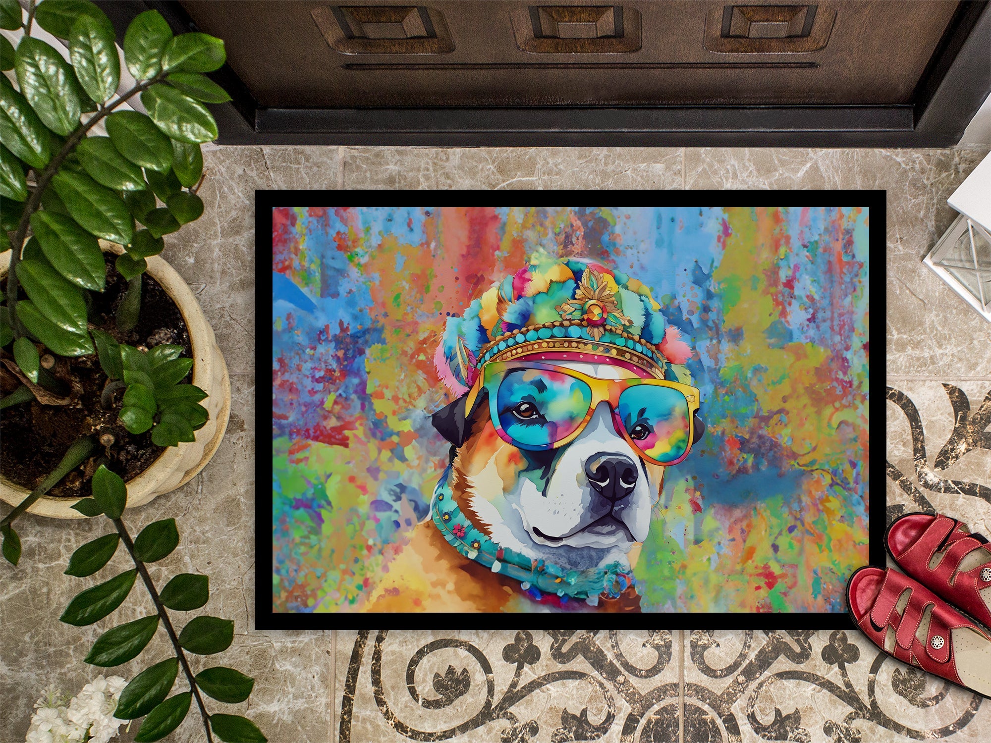 Akita Hippie Dawg Doormat Indoor Outdoor 24H X 36W Front Door Mat Rugs for Entryway, Non Slip Washable Low Pile,