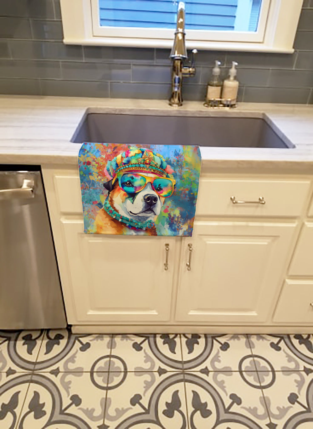 Akita Hippie Dawg Kitchen Towel Velour Plush Front and Cotton Loop Back Machine Washable