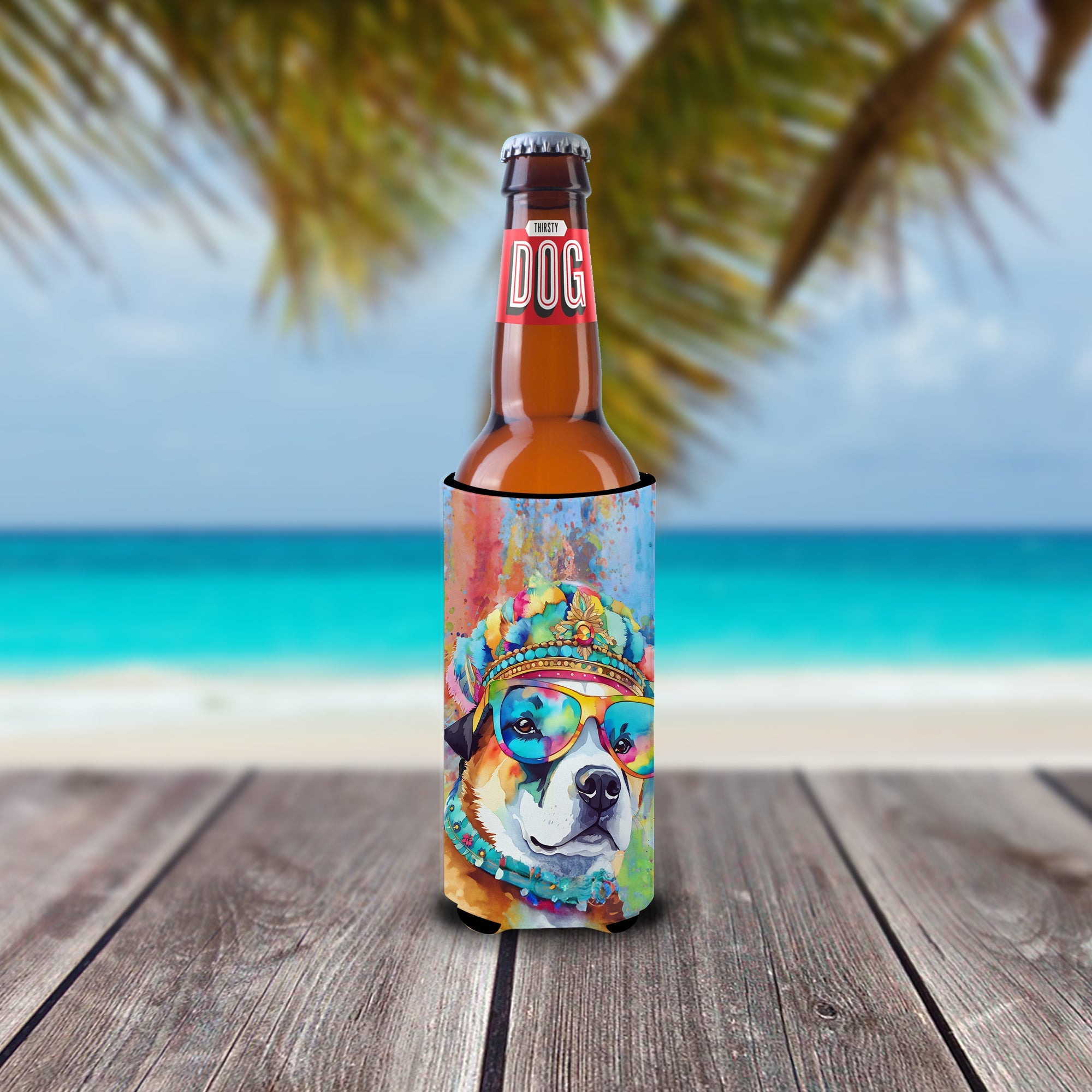 Akita Hippie Dawg Slim Can Hugger , Insulated Foam Hugger for 12 oz Slim Cans, Beer Bottles & Water Bottles, Printed in USA