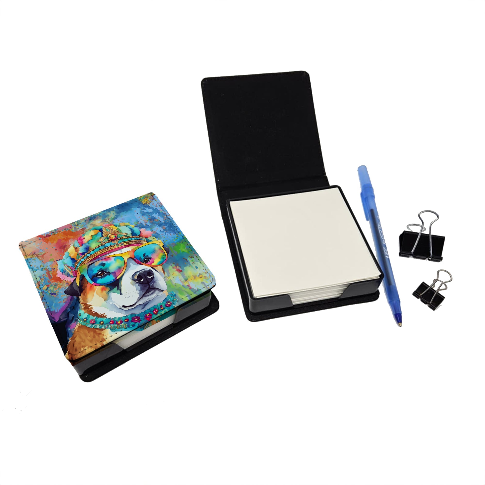 Akita Hippie Dawg PU Leather Note Paper Holder with Artist-Designed Cover, Desk Accessory, Office Gift