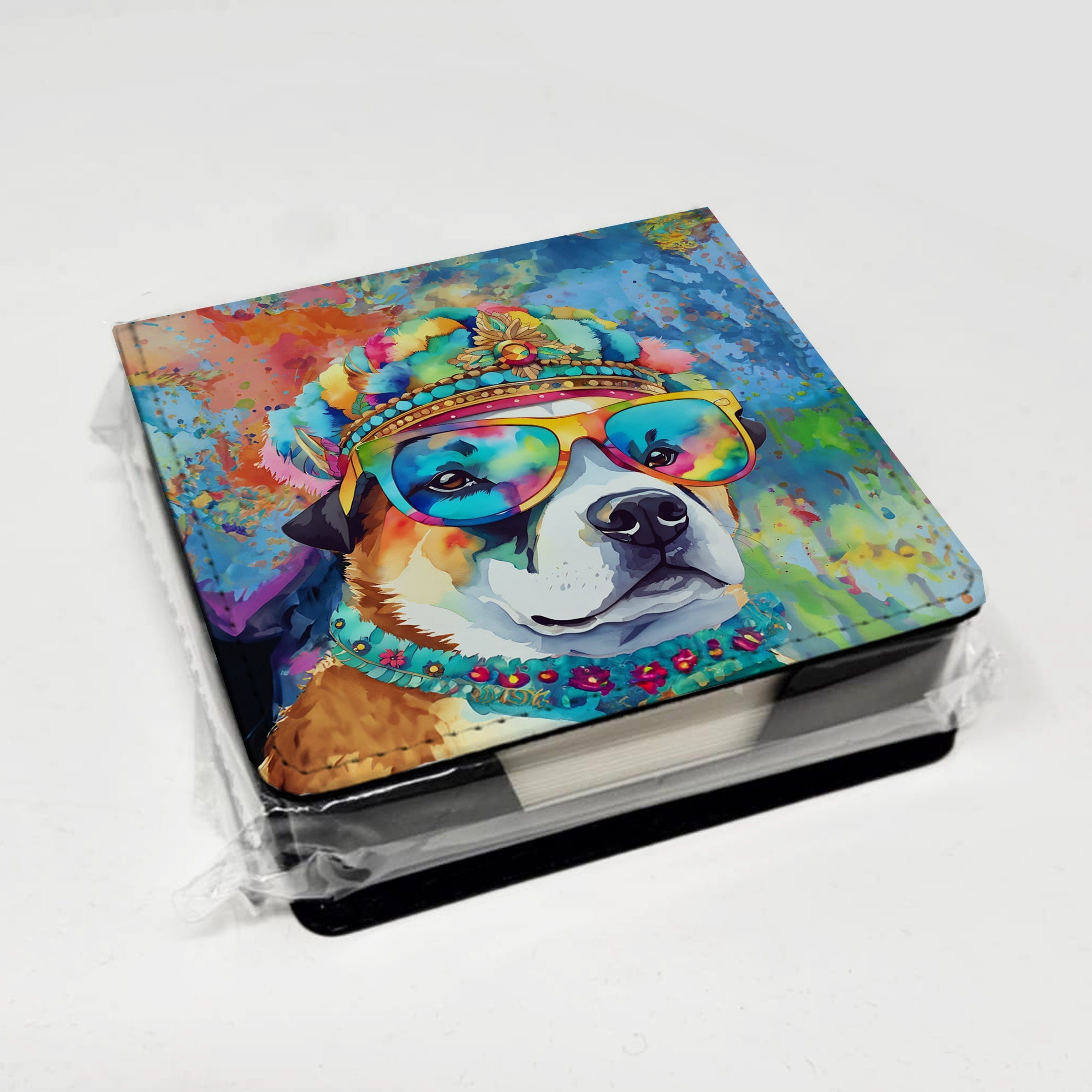 Akita Hippie Dawg PU Leather Note Paper Holder with Artist-Designed Cover, Desk Accessory, Office Gift