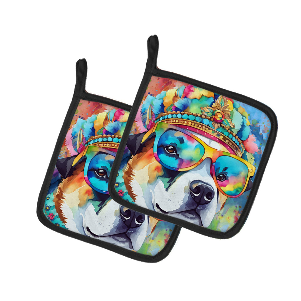 Akita Hippie Dawg Pot Holder Set of 2 Heat Resistant Quilted Hot Pads 7.5 x 7.5 Inch, Insulated Kitchen Trivets for Cooking & Baking