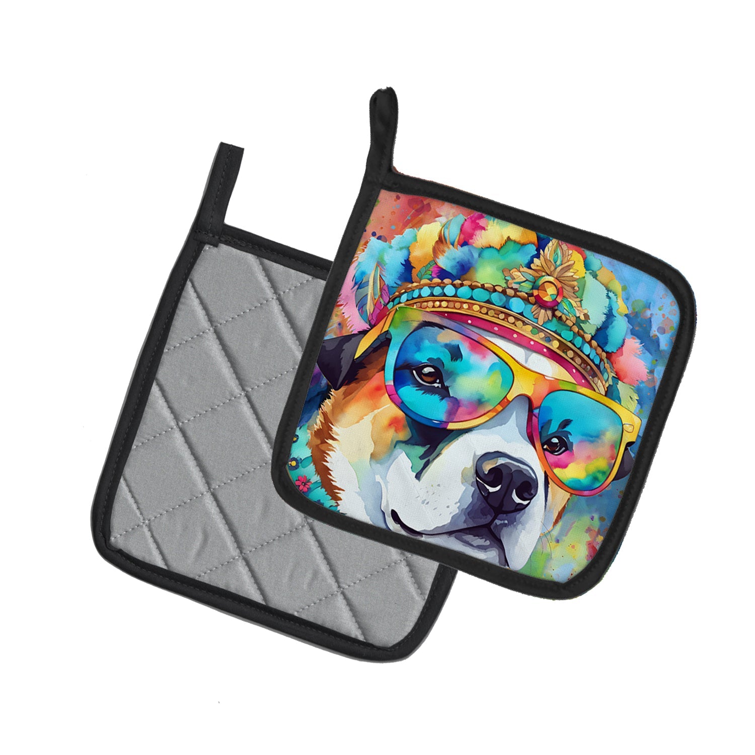 Akita Hippie Dawg Pot Holder Set of 2 Heat Resistant Quilted Hot Pads 7.5 x 7.5 Inch, Insulated Kitchen Trivets for Cooking & Baking